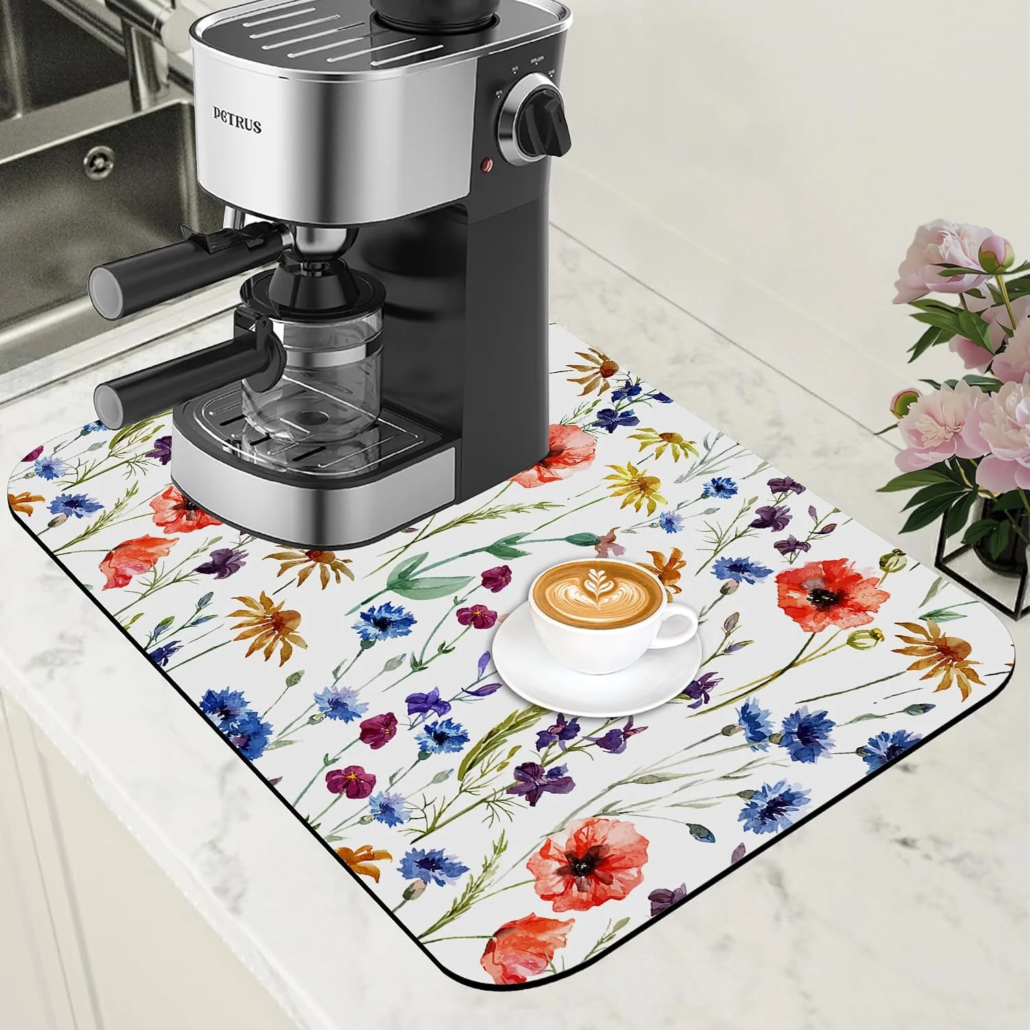 Reusable Watercolor Flowers Coffee Mat Daisy Dish Drying Mat for Kitchen Counter Absorbent Hide Stain Rubber Backed Coffee Bar Accessories Fit Under Espresso Machine Dish Drainer 11.8 x 19.7 Inch Professional