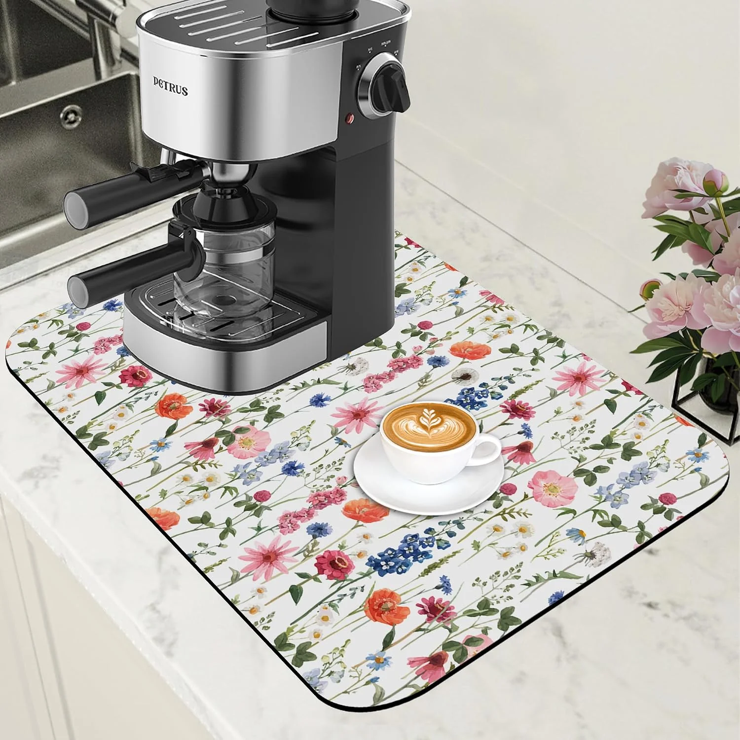 Environmentally Friendly Watercolor Flowers Coffee Mat Absorbent Dish Drying Mat for Kitchen Counter Hide Stain Rubber Backed Coffee Bar Accessories Fit Under Espresso Machine Dish Rack 11.8 x 19.7 Inch Versatile