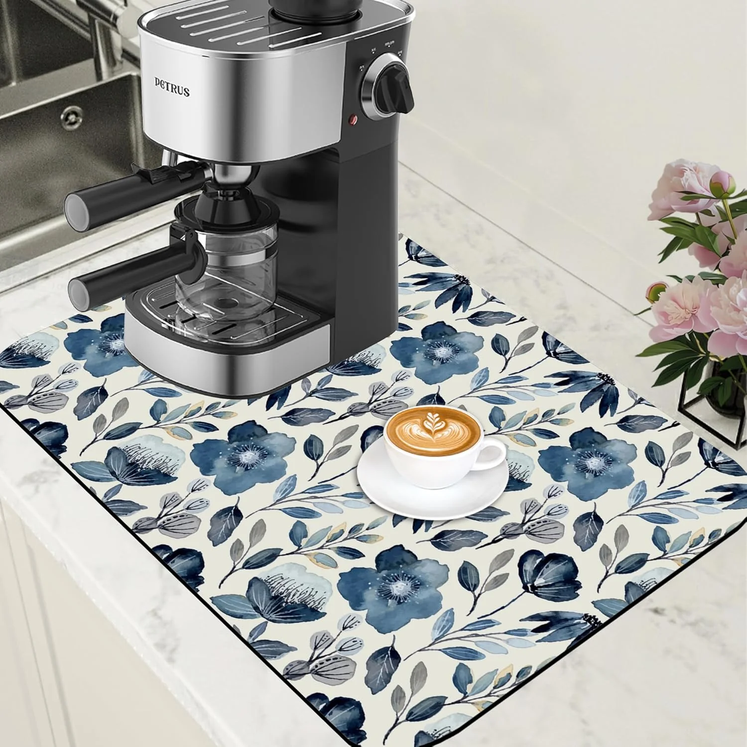 Efficient Blue Flowers Dish Drying Mat for Kitchen Counter Coffee Bar Mat Hide Stain Absorbent Coffee Mat with Non-Slip Rubber Backed Coffee Maker Espresso Machine Coffee Bar Accessories 15.7 x 23.6 Inch Versatile
