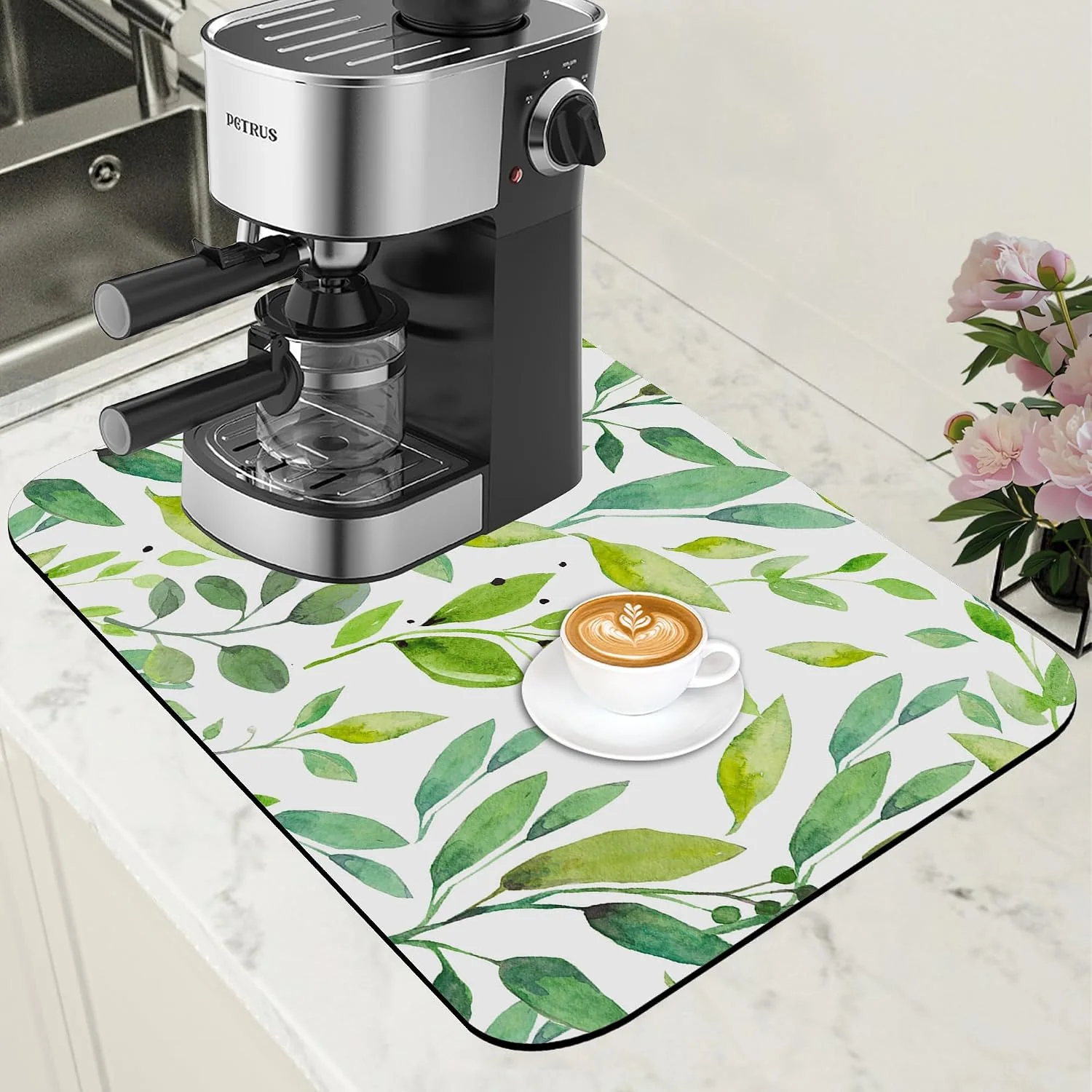 Reusable Dish Drying Mat Watercolor Green Leaves Coffee Bar Mat for Countertop Absorbent Hide Stain Rubber Backed Dish Drainer Rack Pad Espresso Machine Cafe Table Decor 11.8 x 19.7 Inch Quality