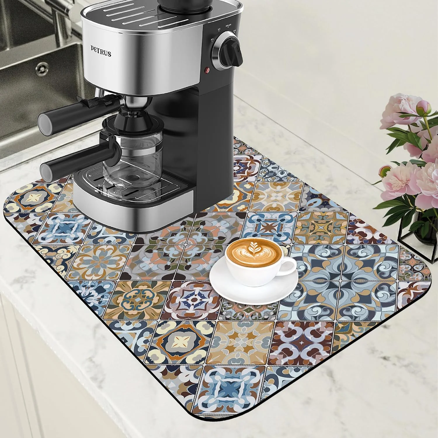Versatile Retro Colorful Tiles Dish Drying Mat for Kitchen Counter Floral Coffee Mat Hide Stain Absorbent Drying Rack Pad with Rubber Backed Espresso Machine Coffee Bar Accessories 11.8 x 19.7 Inch Organic
