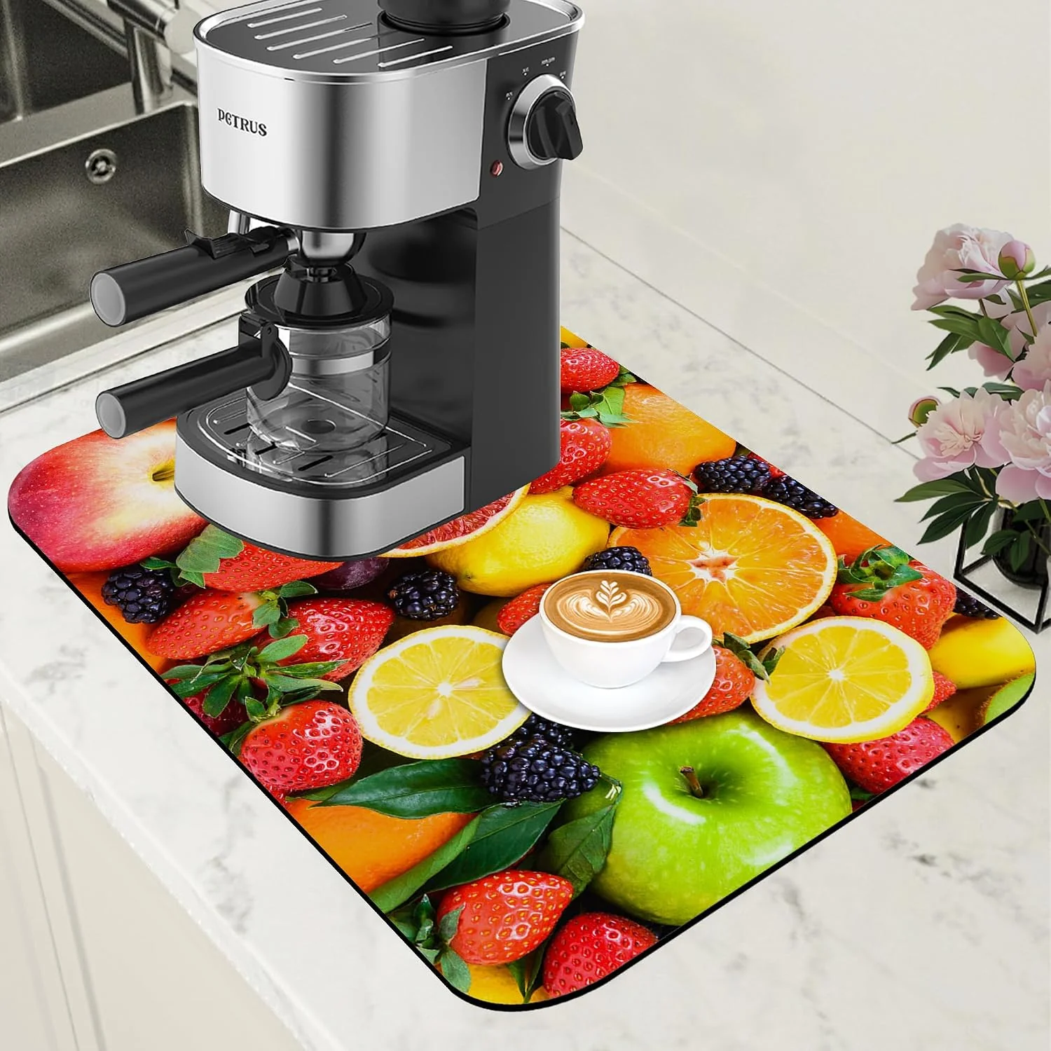 Casual Fresh Fruits Dish Drying Mat for Kitchen Counter Coffee Bar Mat Hide Stain Absorbent Non-Slip Rubber Backed Drying Rack Pad Espresso Machine Coffee Bar Accessories 11.8 x 19.7 Inch High-Quality