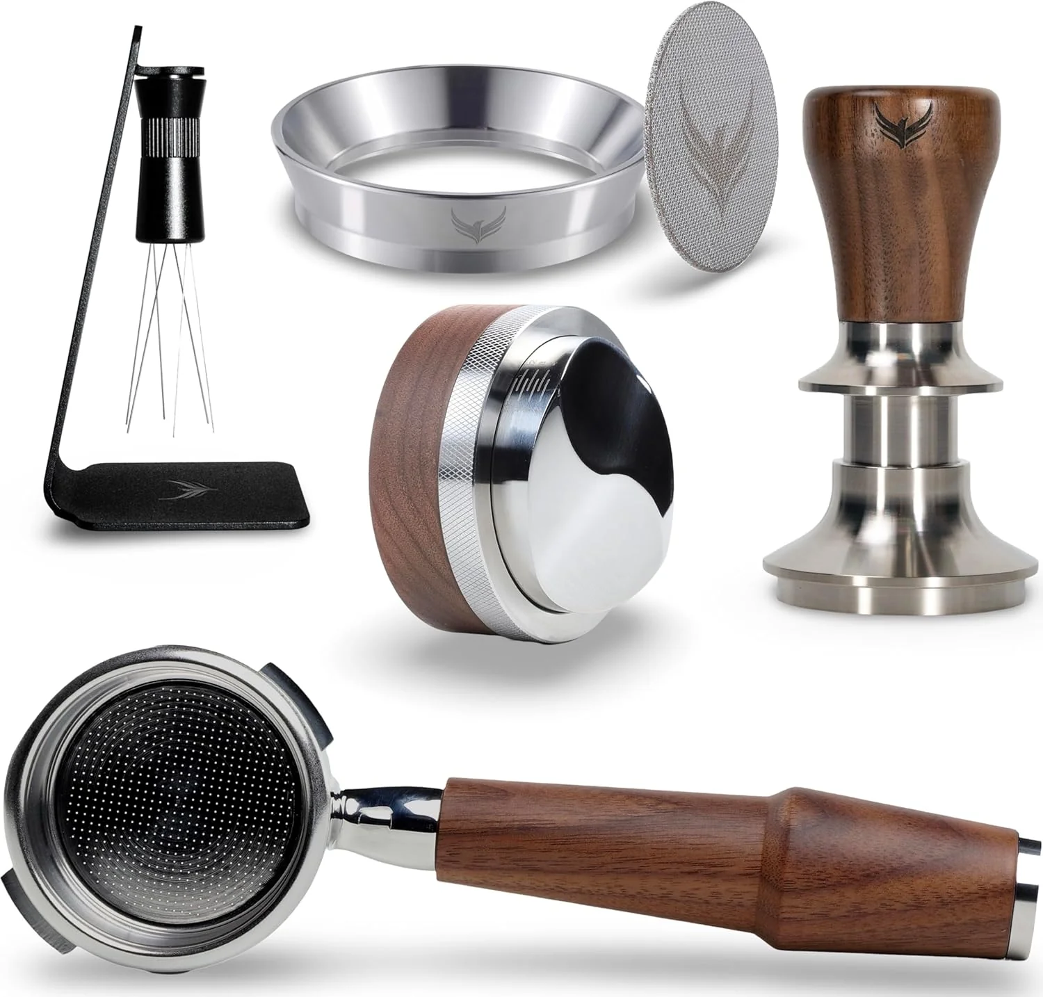 Relaxed Walnut Espresso Accessories Set 58mm for Gaggia Bottomless Portafilter Calibrated Tamper Distribution Tool Wdt Dosing Cone and Puck Screen Classic