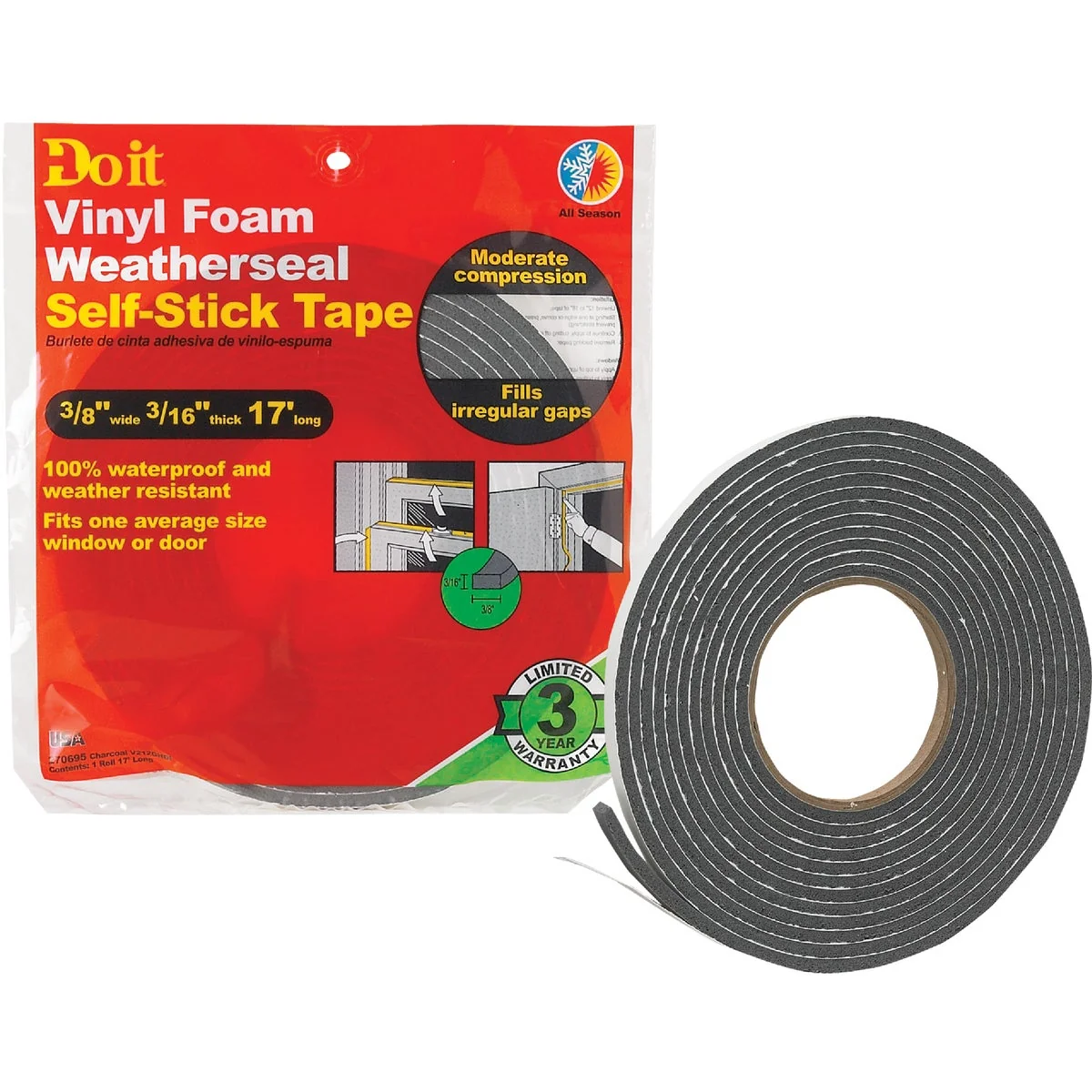 Healthy Do it 3 8 W x 3 16 T x 17' L Charcoal Foam Weatherstrip Tape Reliable