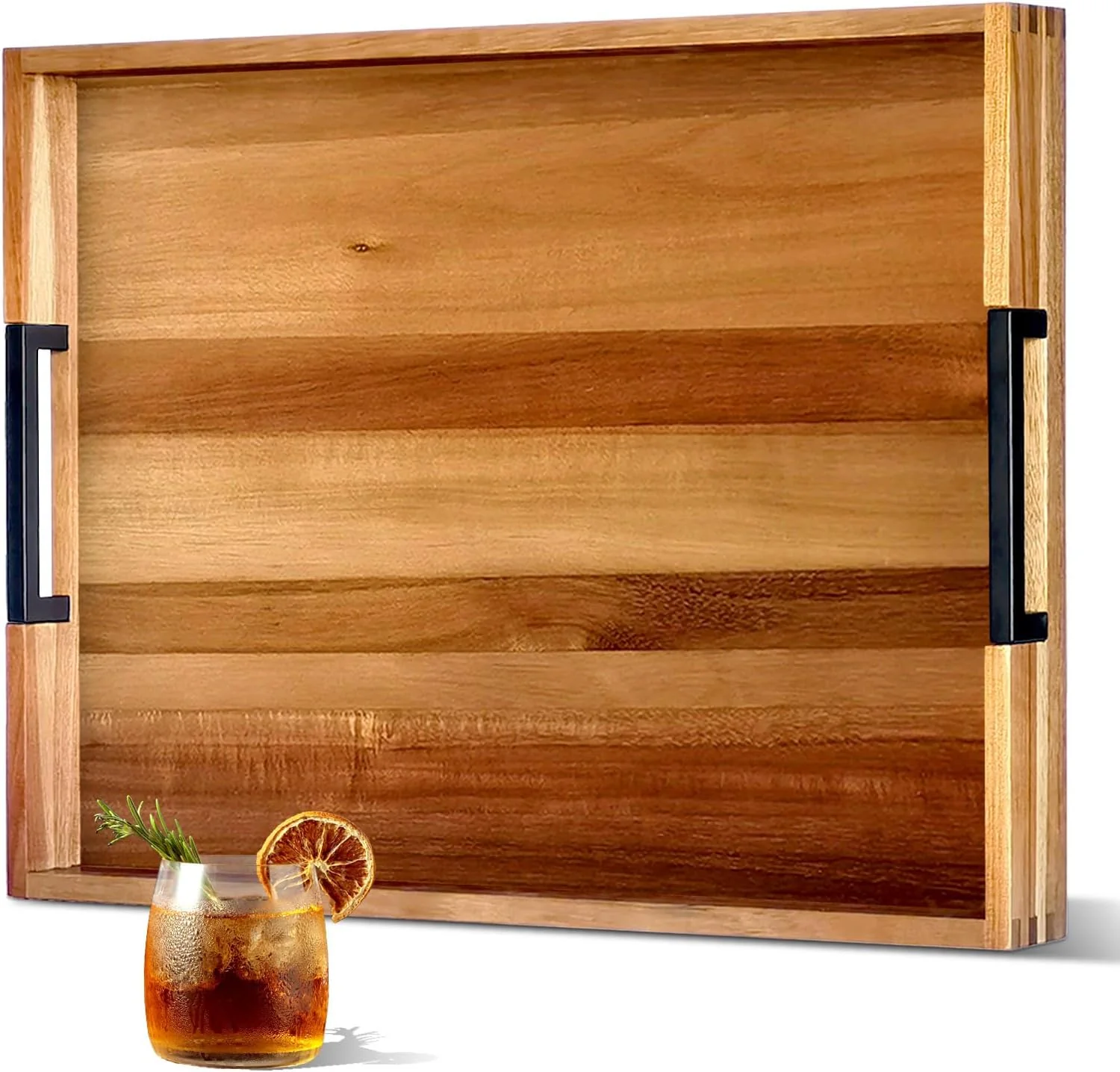 Refined 22-in Acacia Wooden Serving Tray with Black Metal Handles Large Decorative Wooden Tray for Living Room Kitchen Coffee Table Couch Bed Professional