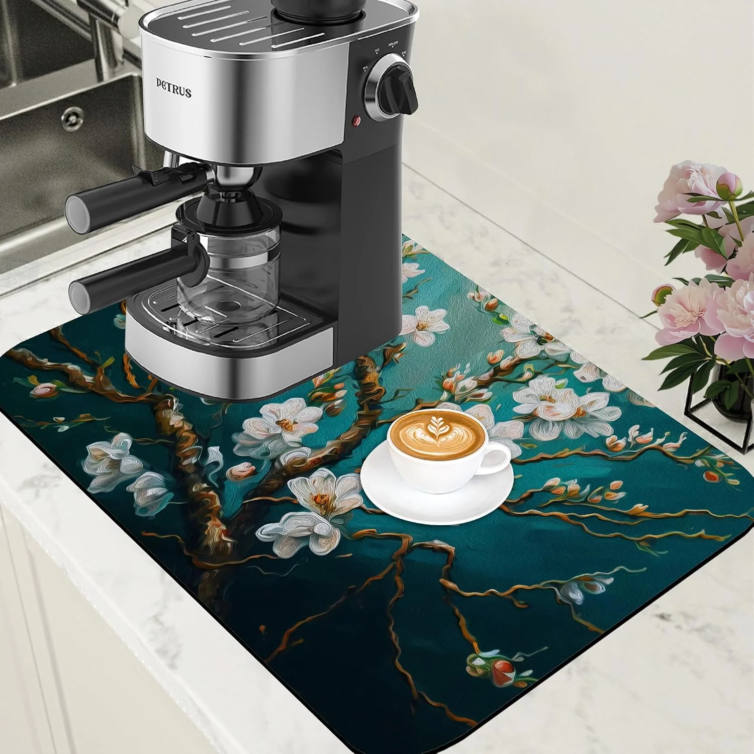 Secure Blossoming Almond Tree Dish Drying Mat for Kitchen Counter Bar Mat Hide Stain Absorbent Rubber Backed Coffee Mat Coffee Maker Espresso Machine Bar Accessories 15.7 x 23.6 Inch Breathable