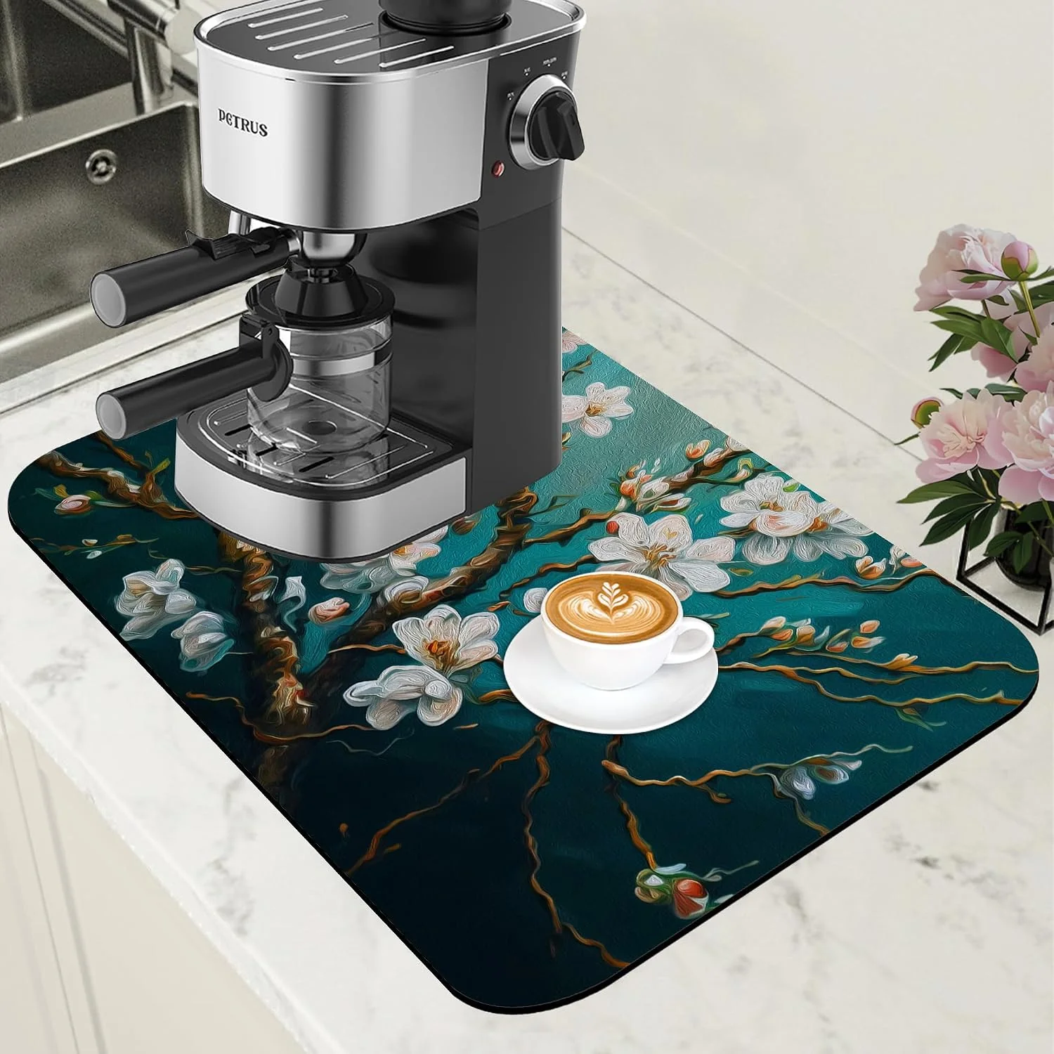 Premium Blossoming Almond Tree Dish Drying Mat for Kitchen Counter Hide Stain Absorbent Drying Rack Pad Rubber Backed Coffee Mat Espresso Machine Coffee Bar Accessories 11.8 x 19.7 Inch Elite