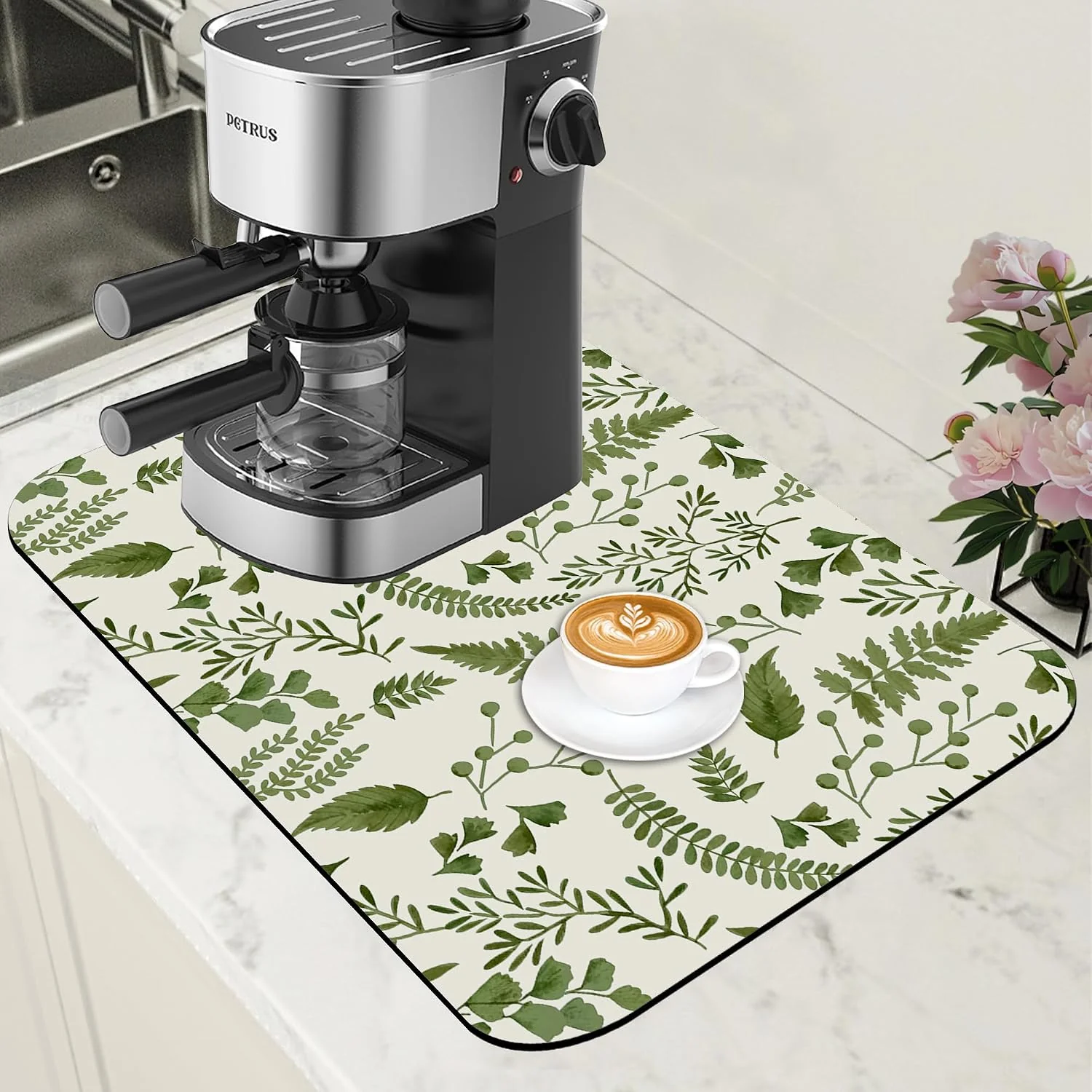 Crafted Green Leaf Coffee Mat Herb Dish Drying Mat for Kitchen Counter Hide Stain Rubber Backed Absorbent Coffee Bar Accessories Fit Under Espresso Machine Cafe Table 11.8 x 19.7 Inch Exceptional