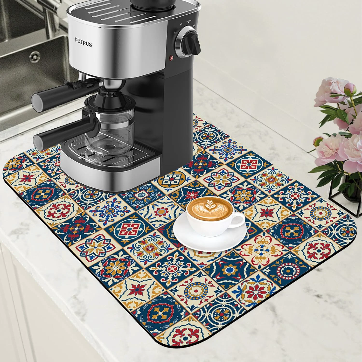 Advanced Dish Drying Mat Moroccan Tile Coffee Bar Mat for Countertop Absorbent Rubber Backed Hide Stain Dish Drainer Rack Pad Coffee Maker Espresso Machine Dining Room Decoration 11.8 x 19.7 Inch Convenient