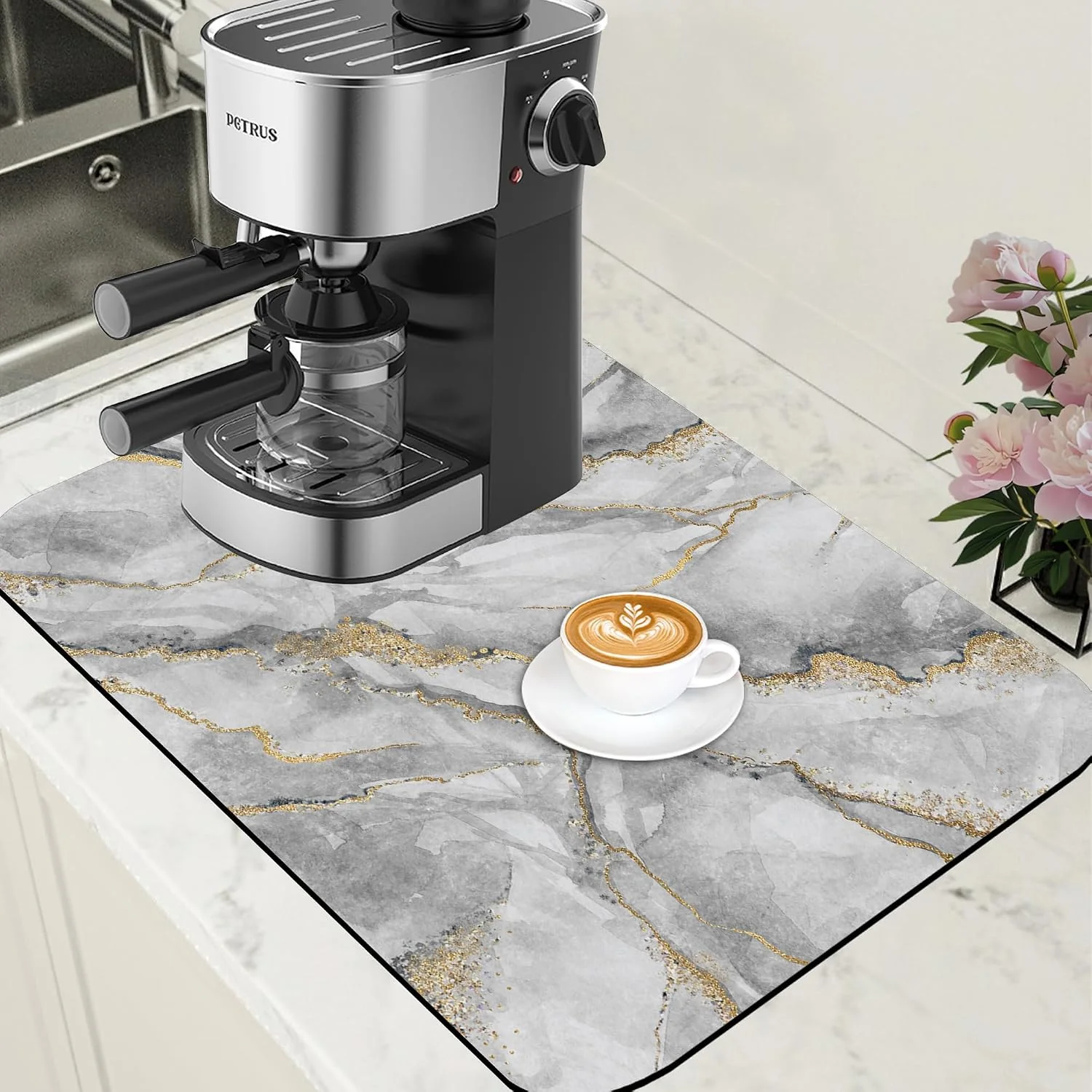 Relaxed White and Gold Marble Dish Drying Mat for Kitchen Counter Absorbent Hide Stain Coffee Mat Rubber Backed Dish Drainer Rack Pad Espresso Machine Coffee Bar Accessories 15.7 x 23.6 Inch Minimalist