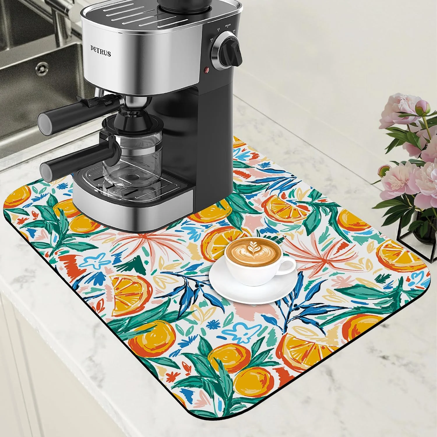 Classic Dish Drying Mat Fruit Orange and Leaves Coffee Bar Mat for Countertop Absorbent Coffee Mat Rubber Backed Hide Stain Dish Drainer Rack Mat Coffee Maker Coffee Pot Dining Room Decor 11.8 x 19.7 Inch Flexible