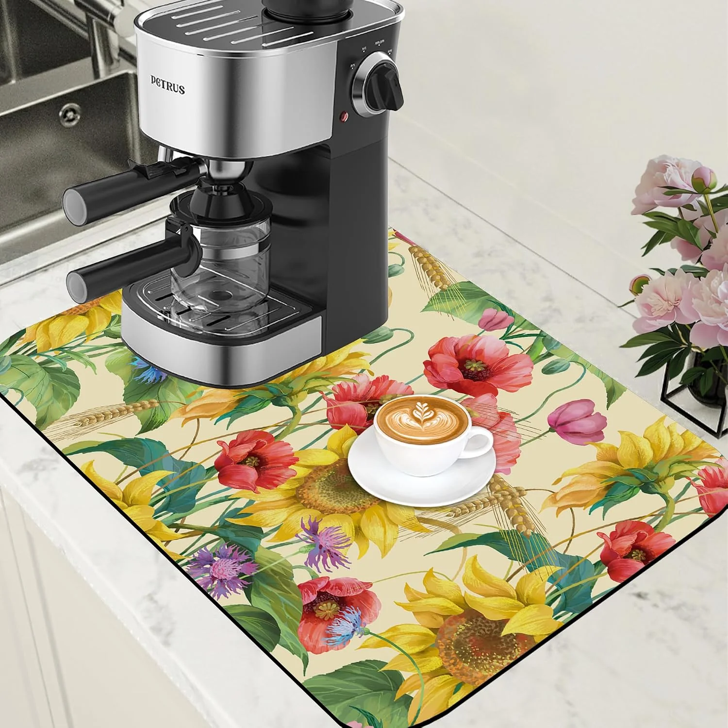 Advanced Yellow Sunflower Cornflower Coffee Mat Absorbent Dish Drying Mat for Kitchen Counter Hide Stain Rubber Backed Coffee Bar Accessories Fit Under Espresso Machine 15.7 x 23.6 Inch Eco-Friendly