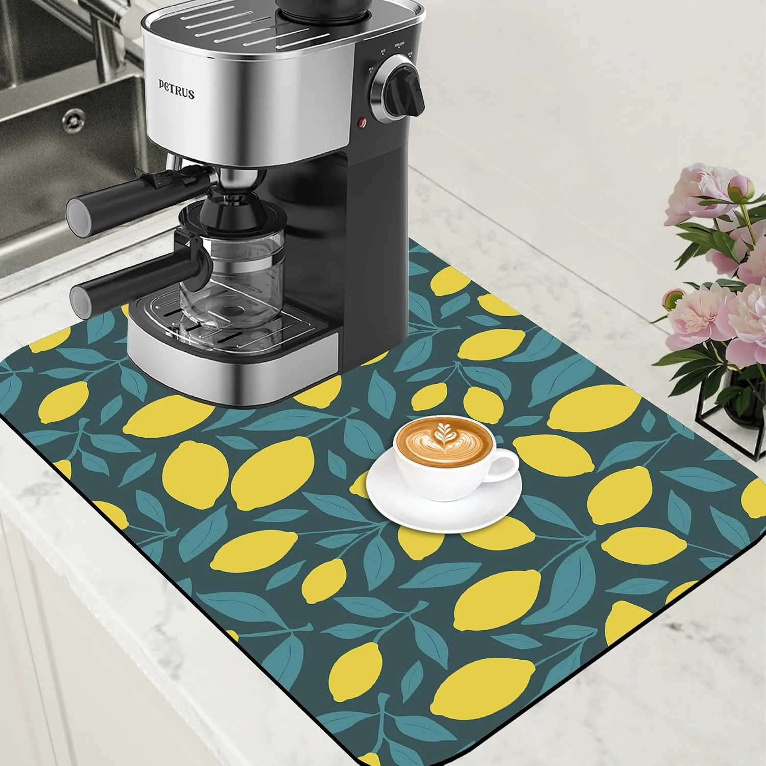 Optimized Yellow Lemon and Leaves Coffee Mat Absorbent Dish Drying Mat for Kitchen Counter Hide Stain Rubber Backed Coffee Bar Accessories Fit Under Espresso Machine 15.7 x 23.6 Inch Powerful