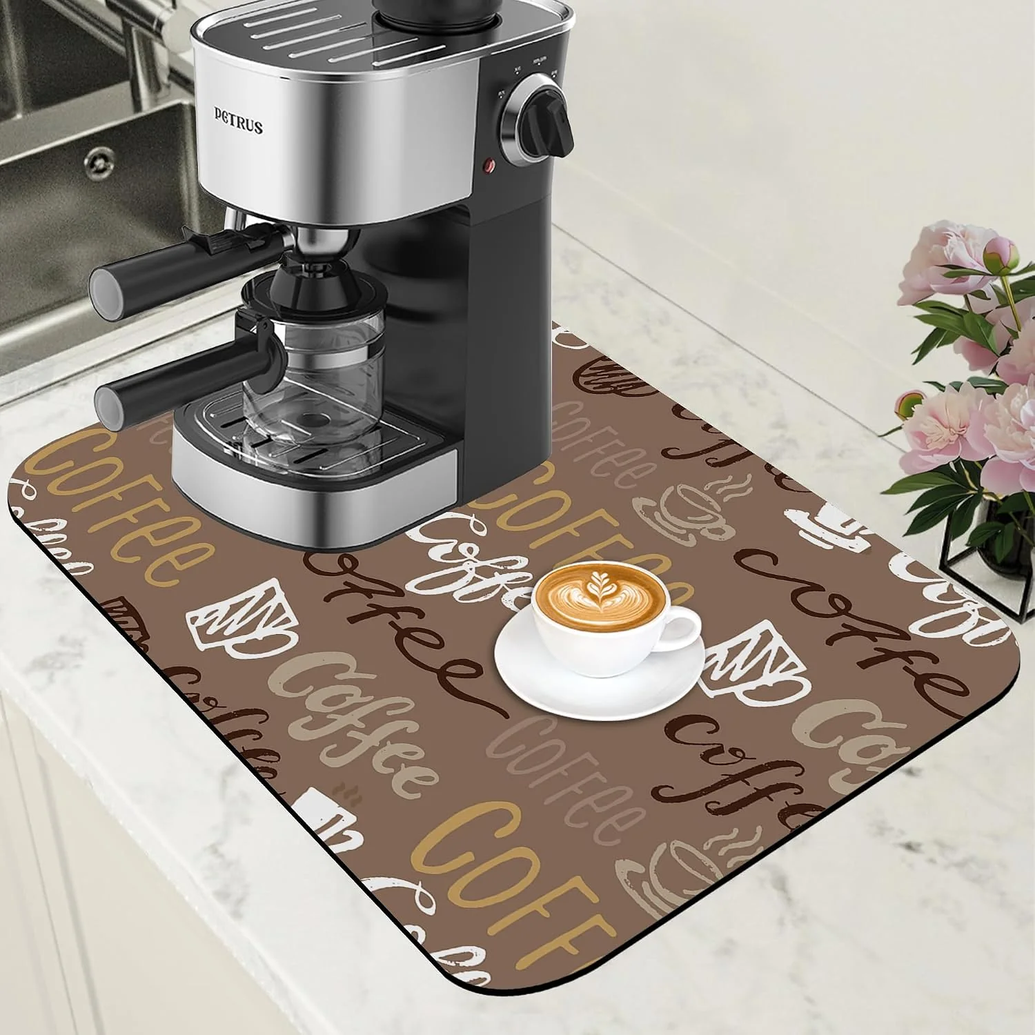 Genuine Doodle Coffee Dish Drying Mat Coffee Bar Mat for Countertop Absorbent Rubber Backed Hide Stain Dish Drainer Rack Pad Espresso Machine Cafe Table Dining Room Decoration 11.8 x 19.7 Inch Green