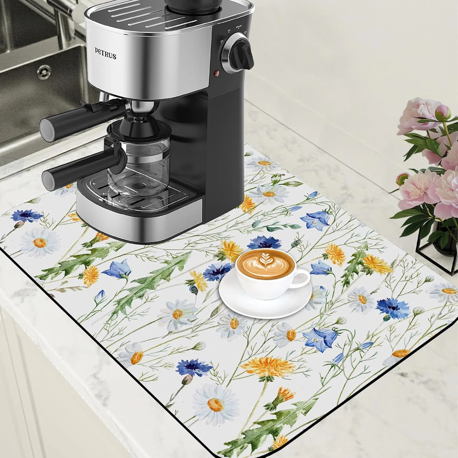 Exceptional Watercolor Wildflower Dish Drying Mat for Kitchen Counter Coffee Mat Hide Stain Absorbent Rubber Backed Drying Rack Pad Espresso Machine Coffee Bar Accessories 15.7 x 23.6 Inch High-Grade
