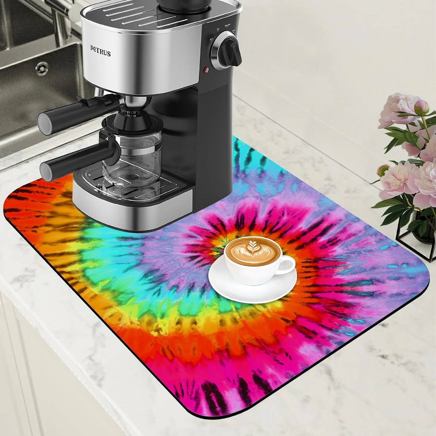 Modern Dish Drying Mat Colorful Tie Dye Coffee Bar Mat for Countertop Absorbent Rubber Backed Hide Stain Dish Drainer Rack Pad Coffee Maker Espresso Machine Dining Room Decoration 11.8 x 19.7 Inch Original
