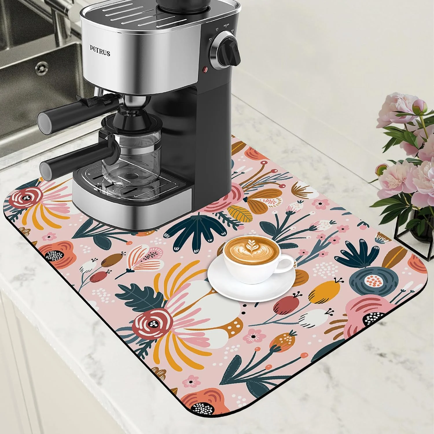Fashionable Dish Drying Mat Pink Flowers Berries Leaves Coffee Bar Mat for Countertop Absorbent Hide Stain Rubber Backed Dish Drainer Rack Pad Espresso Machine Dining Room Decor 11.8 x 19.7 Inch Fine