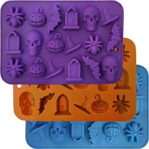 Excellent Halloween Molds Silicone for Chocolate 3 Pack 3D Halloween Chocolate Candy Gummy Mold Skull Pumpkin Bat Ghost Witch Hat Spider tombstone Shapes Mold Dependable