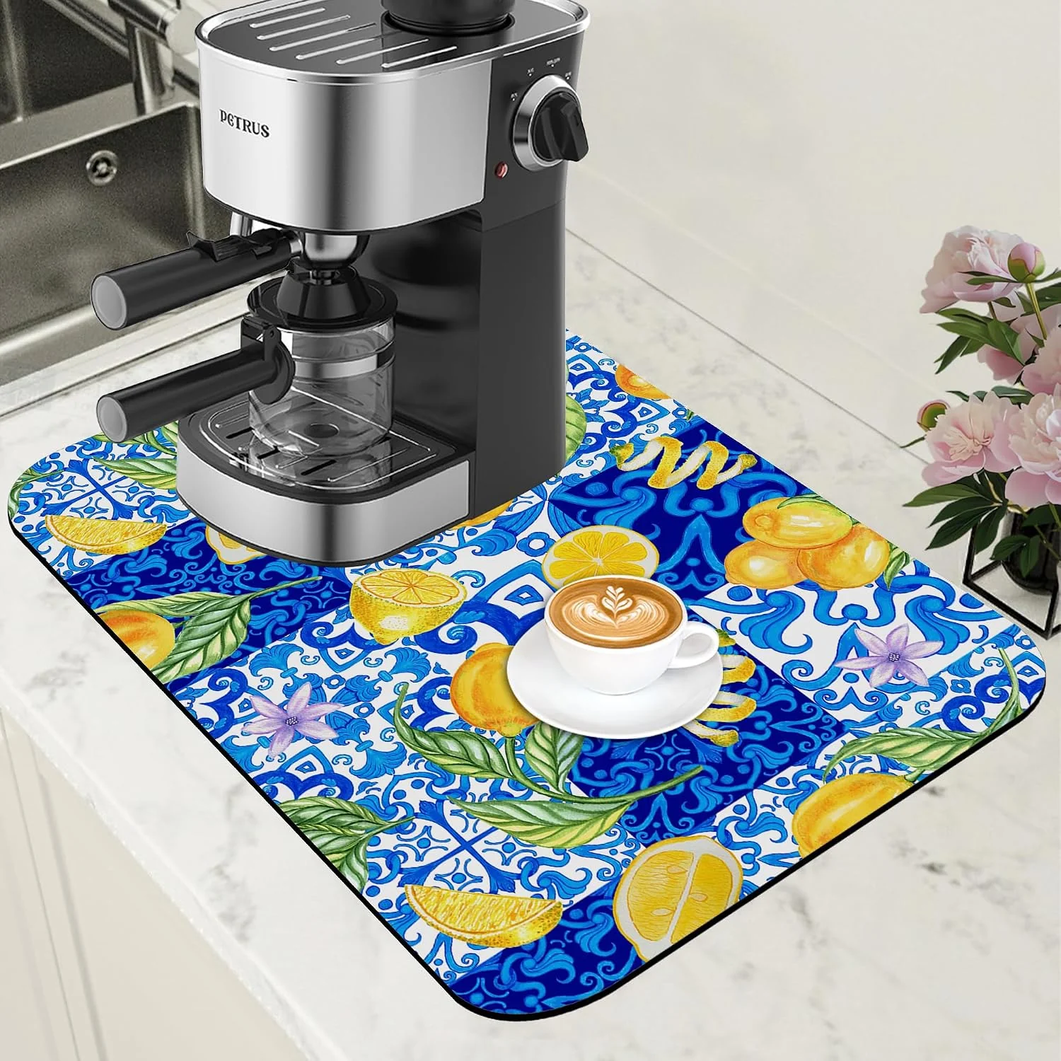 Genuine Lemon and Blue Tile Dish Drying Mat for Kitchen Counter Coffee Bar Mat Hide Stain Absorbent Rubber Backed Drying Rack Pad Espresso Machine Coffee Bar Accessories 11.8 x 19.7 Inch Professional