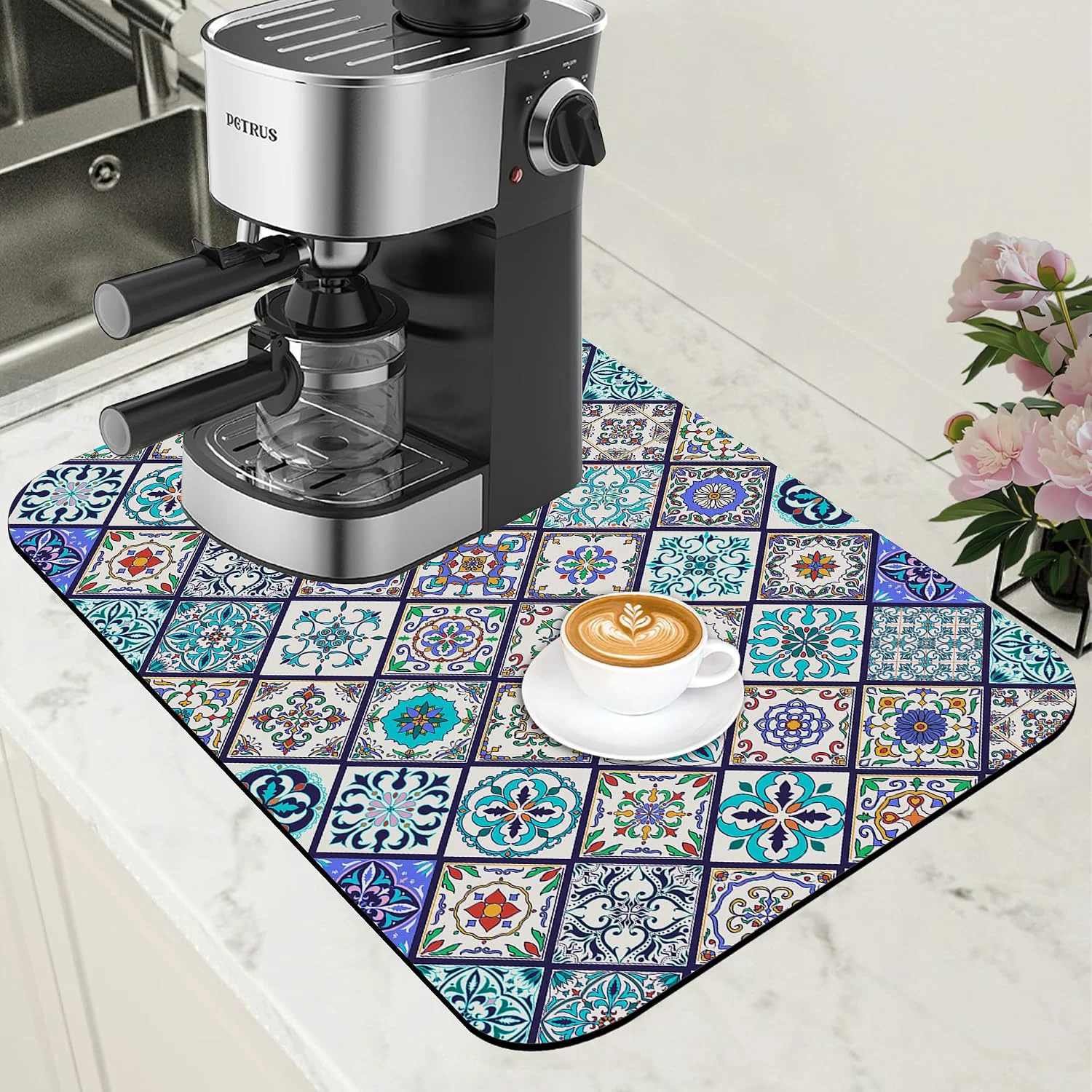 Dependable Colorful Tiles Dish Drying Mat for Kitchen Counter Coffee Mat Hide Stain Absorbent Non-Slip Rubber Backed Drying Rack Pad Espresso Machine Coffee Bar Accessories 11.8 x 19.7 Inch Secure