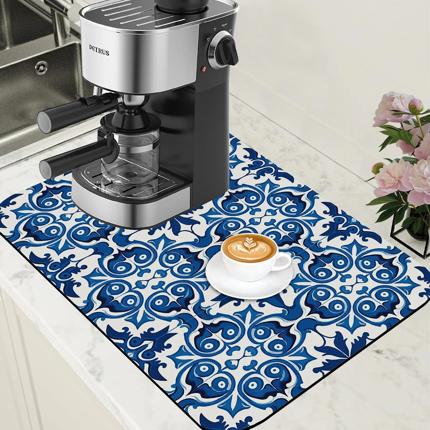 Unique Dish Drying Mat Blue Portuguese Tiles Coffee Bar Mat for Countertop - Absorbent Rubber Backed Hide Stain Dish Drainer Rack - Coffee Maker Pot Dining Room Decoration 15.7 x 23.6 Inch Eco-Friendly