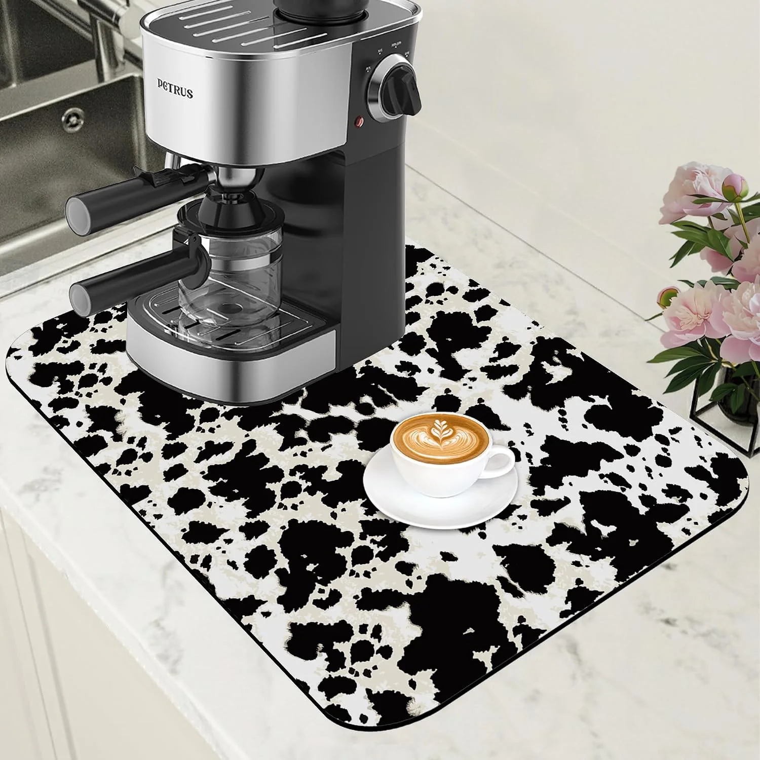 Powerful Dish Drying Mat Cow Print Coffee Bar Mat for Countertop Absorbent Hide Stain Rubber Backed Dish Drainer Rack Pad Espresso Machine Dining Room Decoration 11.8 x 19.7 Inch Lightweight