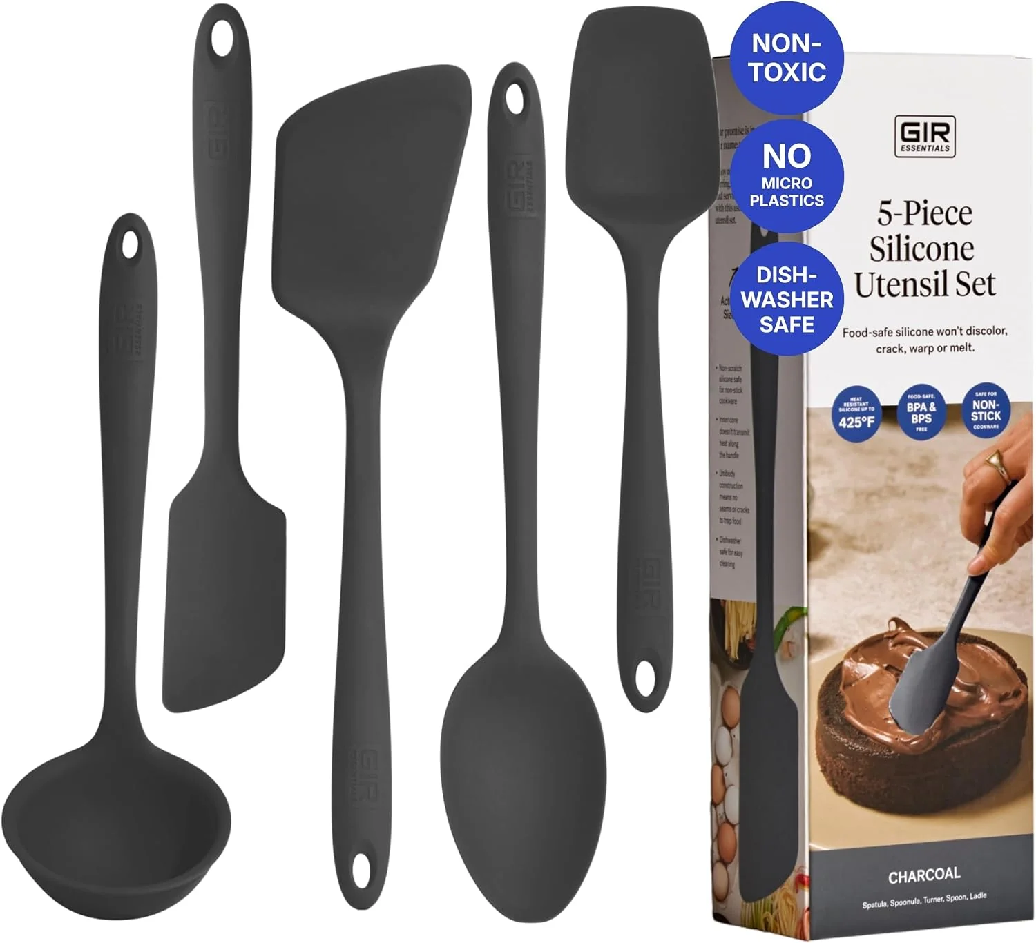 Consistent GIR 5-Piece Silicone Kitchen Utensils Set Non-Toxic Cooking Utensils for Cooking and Baking Heat Resistant Food Grade Dishwasher Safe Rubber Spatula Ladle Spoon - Charcoal Specialty