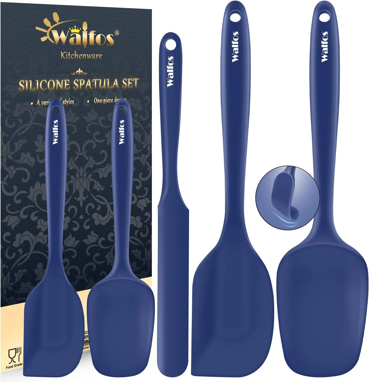 High-Quality Walfos Silicone Spatula Set 5pcs - 600℉ High Heat Resistant Kitchen Spoon Navy Blue Spatulas for Cooking Mixing Baking Secure