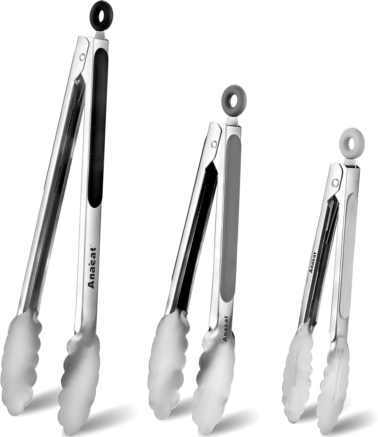 Natural Anaeat Stainless Steel Locking Tong Set of 3 - Premium 7 9 and 12 inch Kitchen Food Tongs with Non-Slip Silicone Tips and Grip for Serving Cooking High-Grade