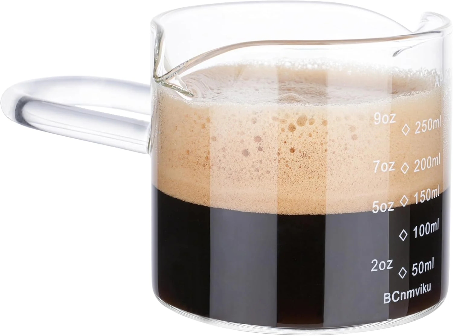Pure BCnmviku 250ML 8.5OZ Espresso Glass Measuring Cup Triple Pitcher Milk Cup Espresso Cups with U-shape Handle Espresso Shot Glass with V-Shaped Mouth Solid