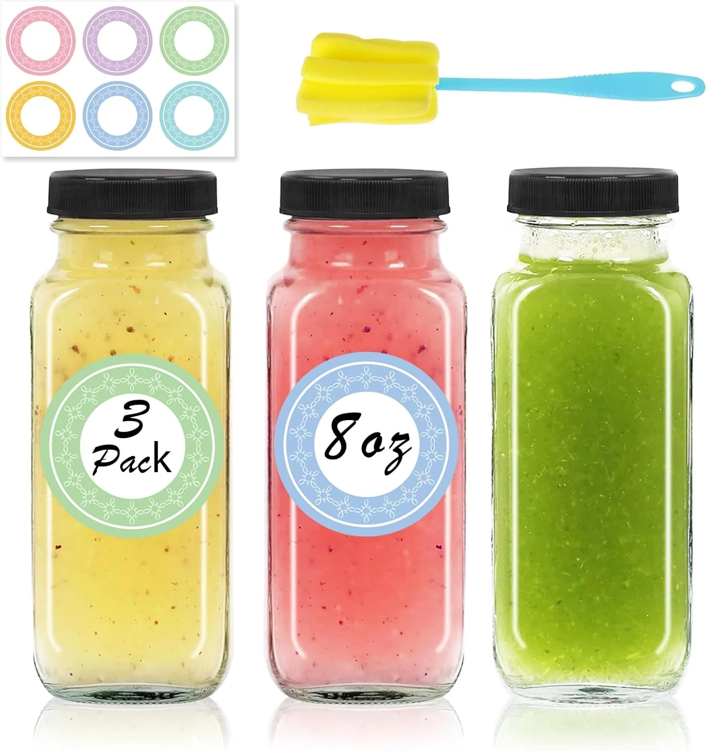 Prestigious 3 pack 8 oz Glass Juice Bottles with Lids 250 ml Reusable Glass Water Bottles Empty Drink Containers Drinking Jars with Brush for Milk Juicing Modern