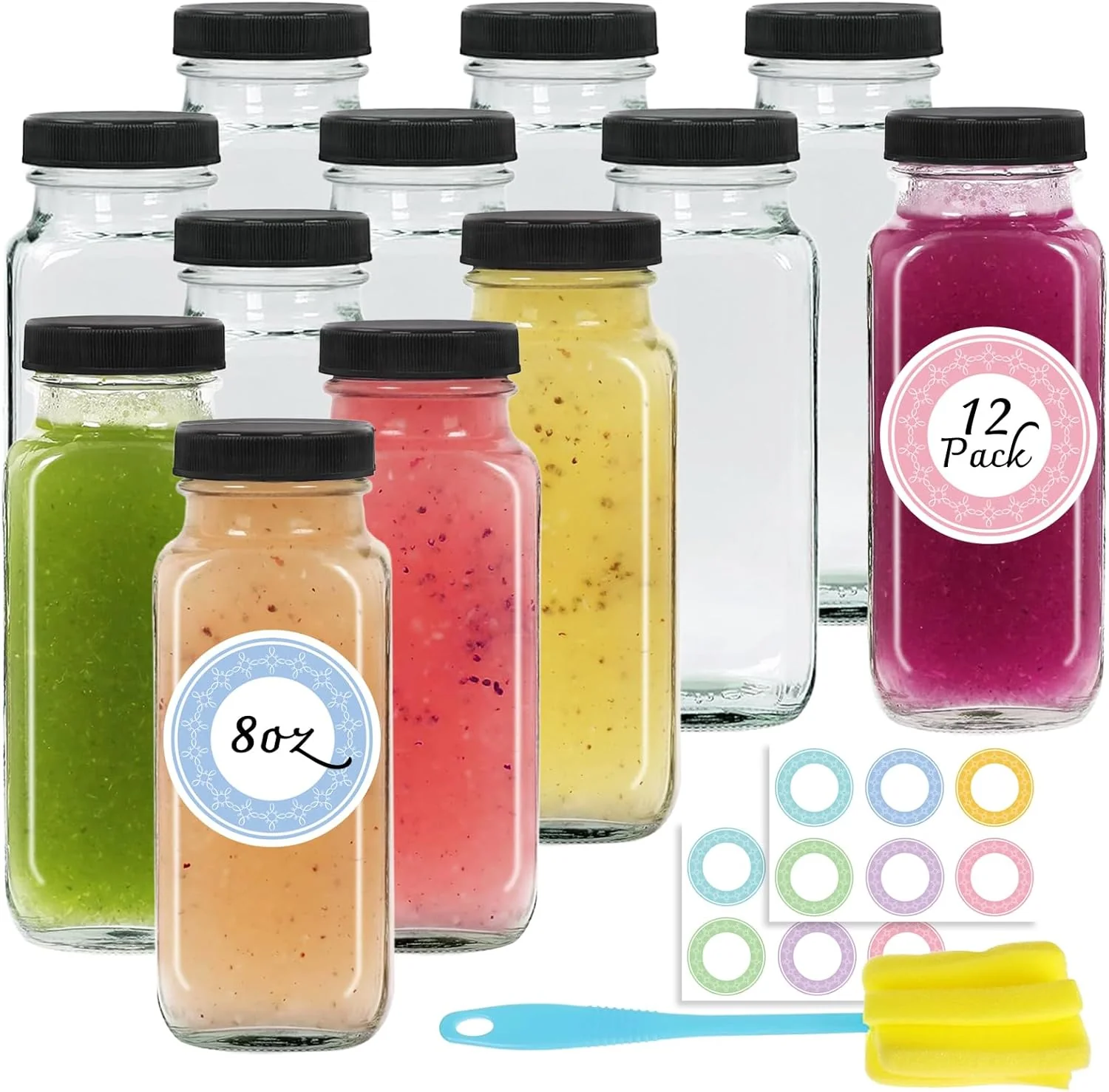 Fast 12 pack 8 oz Glass Juice Bottles with Lids Reusable Glass Water Bottles 250 ml Juice Containers Drinking Jars with Brush Drink Jars for Milk Elite