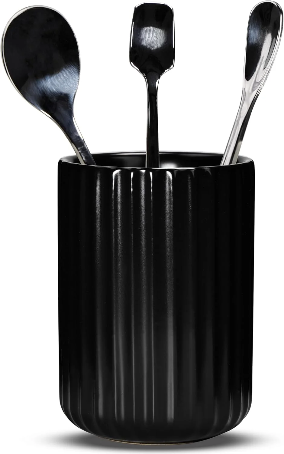 Minimalist Ceramic Spoon Holder for Coffee Bar Upright Tea Spoon Holder Cup Coffee Stirrers Straws Stir Stick Holder Black Fluted Surface Innovative