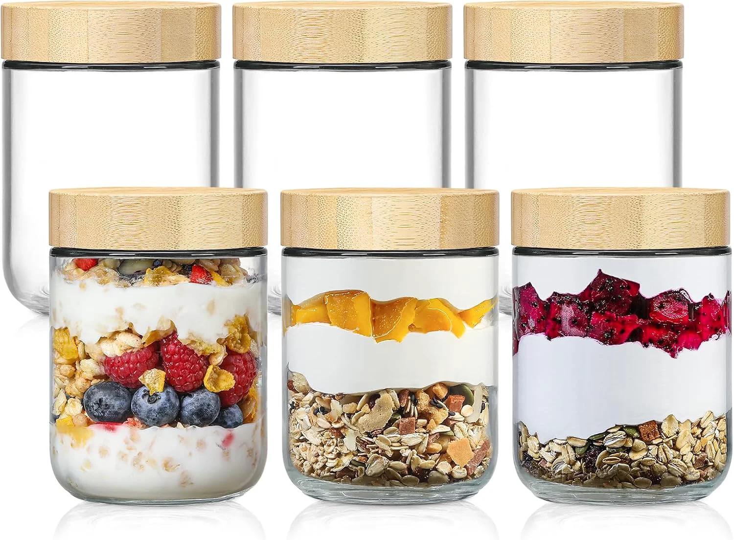 Sophisticated Netany 6-pack 16oz Glass jars with Airtight Lids Overnight Oats Containers with Bamboo Lids Wide mouth Mason Salad jars Secure
