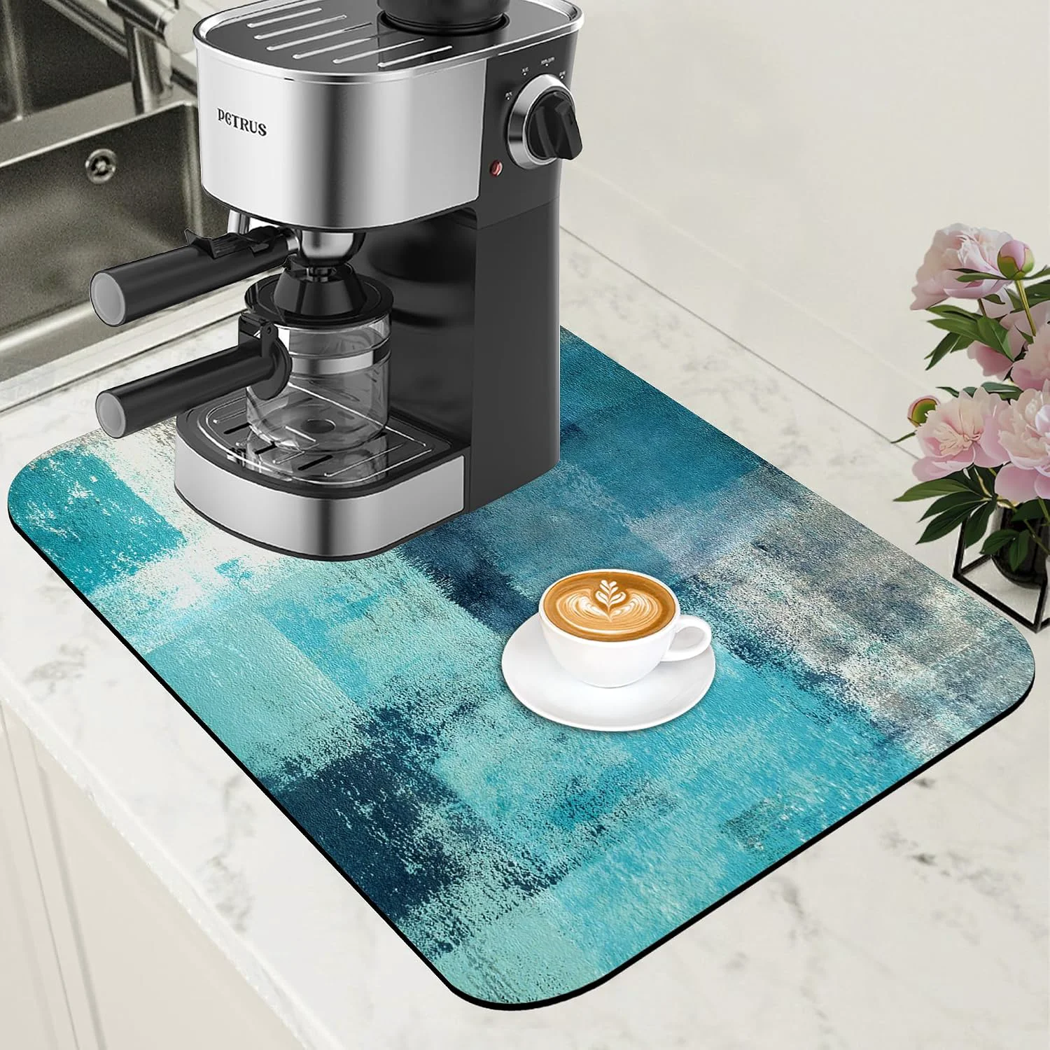 Trendy Teal and Grey Abstract Art Dish Drying Mat for Kitchen Counter Coffee Bar Mat Hide Stain Absorbent Rubber Backed Drying Rack Pad Espresso Machine Coffee Bar Accessories 11.8 x 19.7 Inch Minimalist