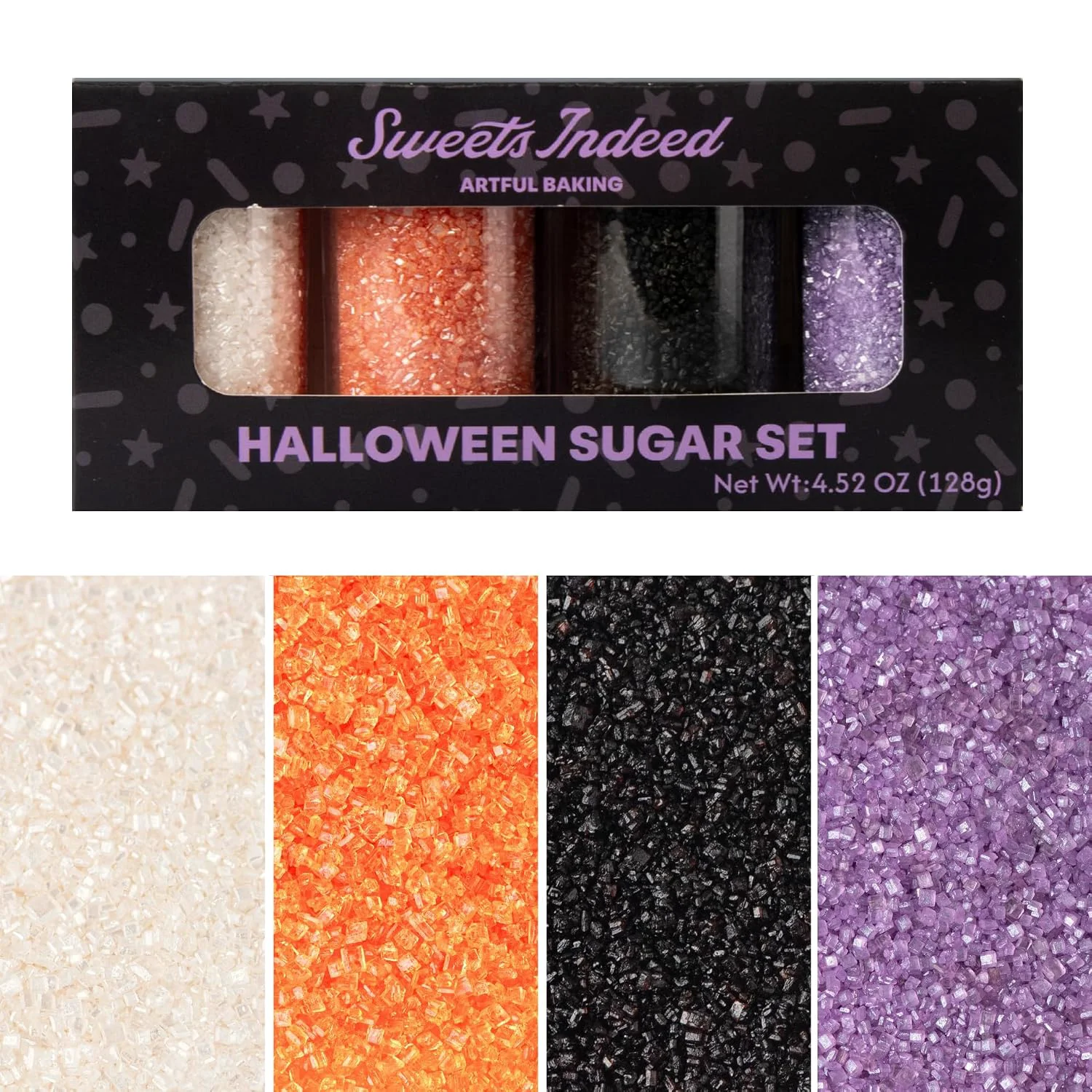 Natural Sweets Indeed Halloween Sanding Sugar 4 Pack Orange Black Purple White 4.52 oz Top-Quality