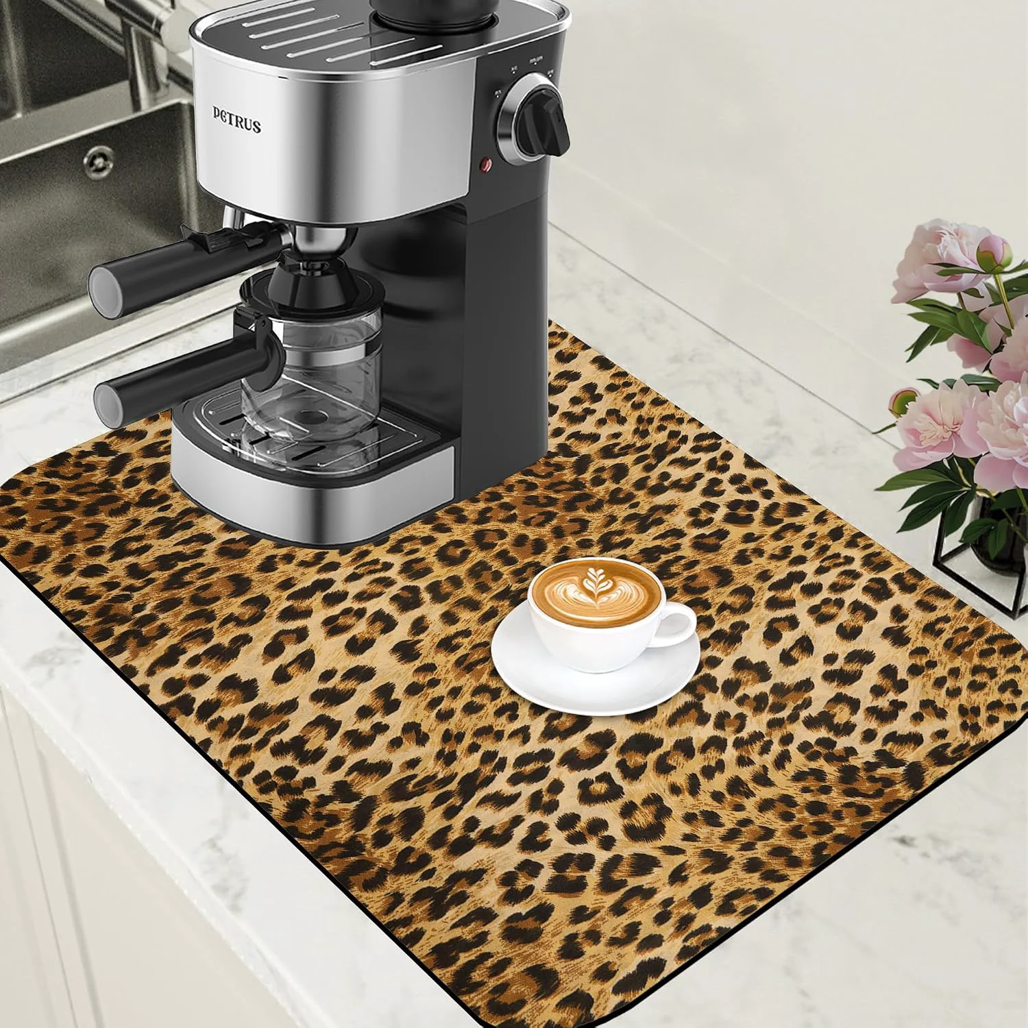 Sustainable Leopard Print Dish Drying Mat for Kitchen Counter Hide Stain Absorbent Drying Rack Pad Rubber Backed Coffee Mat Espresso Machine Coffee Bar Accessories 15.7 x 23.6 Inch Certified