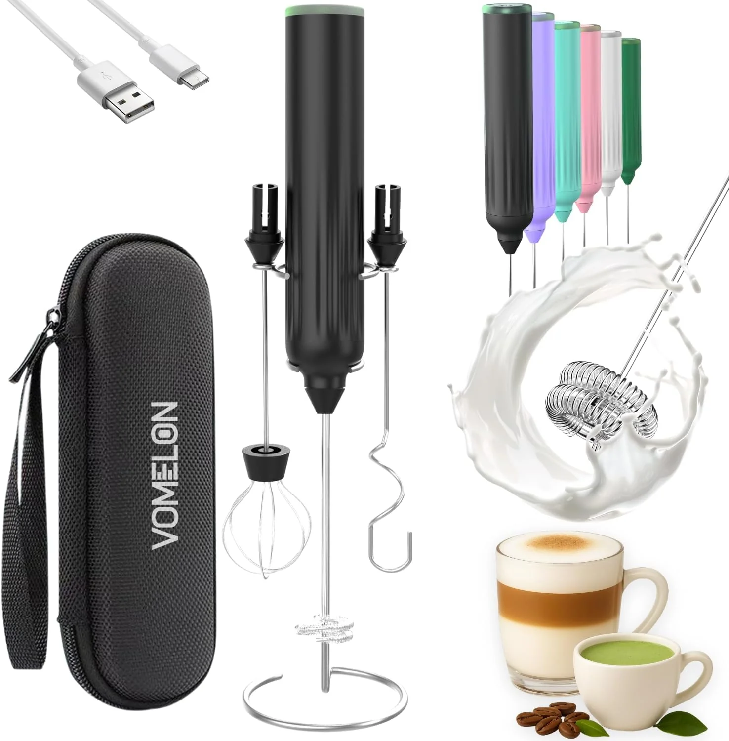 Healthy Milk Frother Handheld 3-Speed Rechargeable Coffee Foamer Drink Whisk with 3 Stainless Steel Heads Electric USB C Whisk for Coffee Latte Cappuccino Minimalist