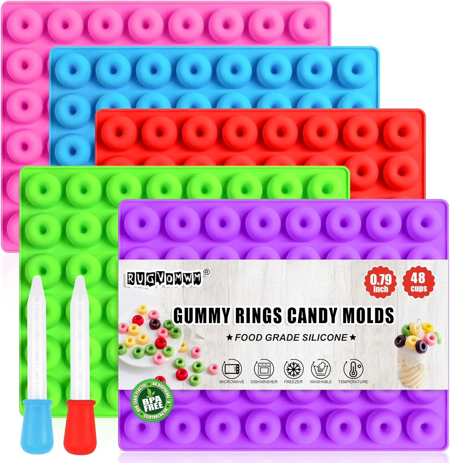 Pure 5 Pack Gummy Rings Candy Molds Silicone Round Mini Donut Mold with 2 Dropper Non-Stick Food Grade Mold for Hard Candies Chocolate Ice Cube Expertly Made