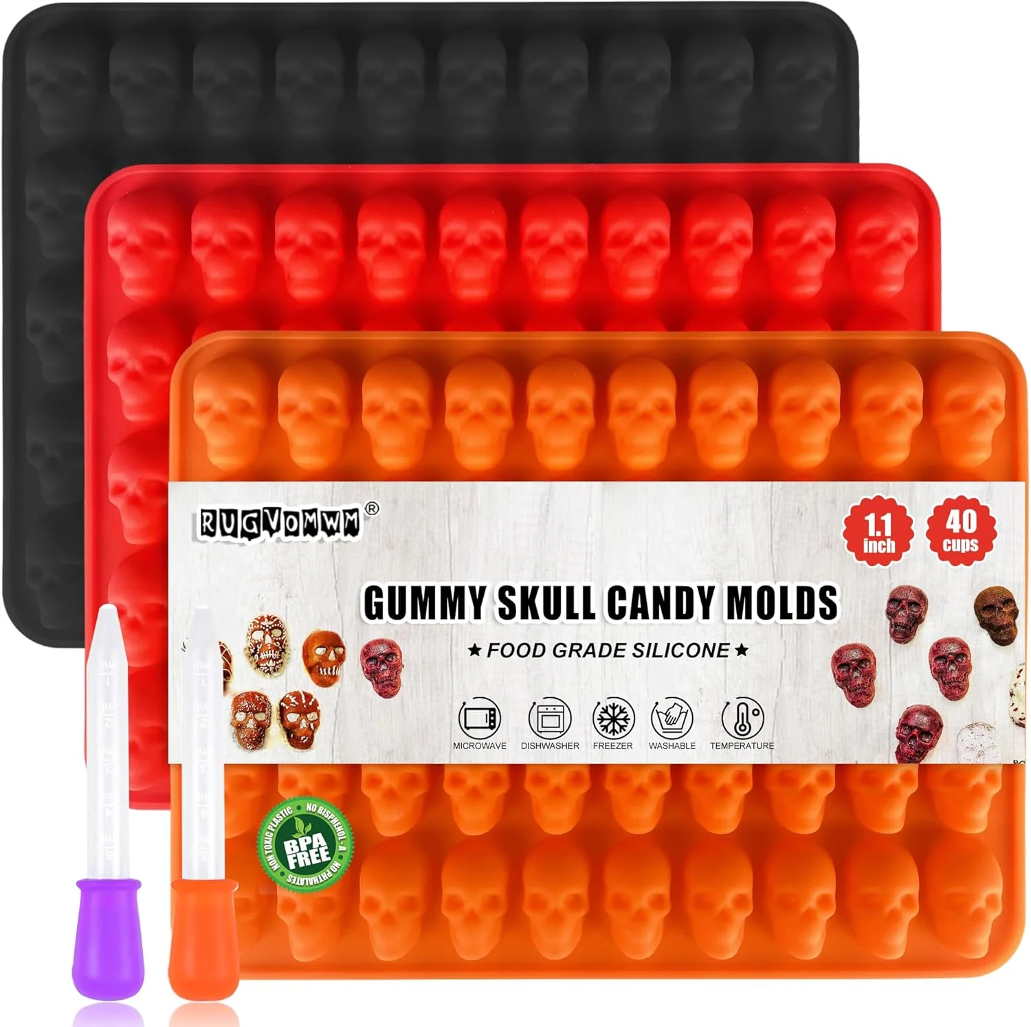 Trusted 3 Pack Halloween Gummy Skull Candy Molds Silicone Halloween Mini Skull Mold with 2 Droppers for Chocolate Candy Ice Cube - Orange，Red，Black Innovative