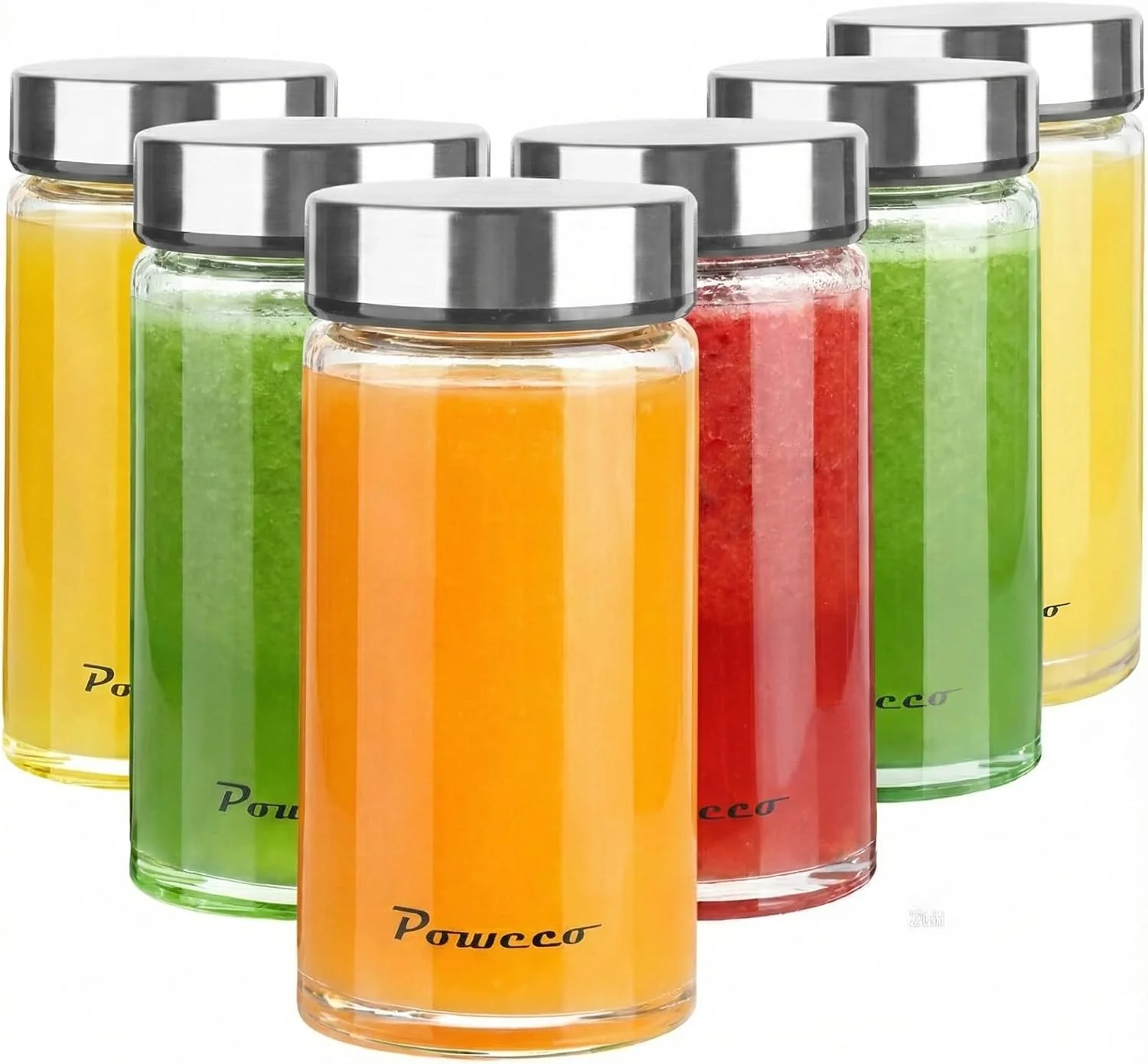 Carefully Designed Glass Juice Bottles 6 Pack 12 oz - Wide Mouth Glass Water Bottles with Lids - for Juicing Protein Smoothie Milk Reusable BPA Stainless Steel Lids Blender Shaker Bottle 400ml Casual