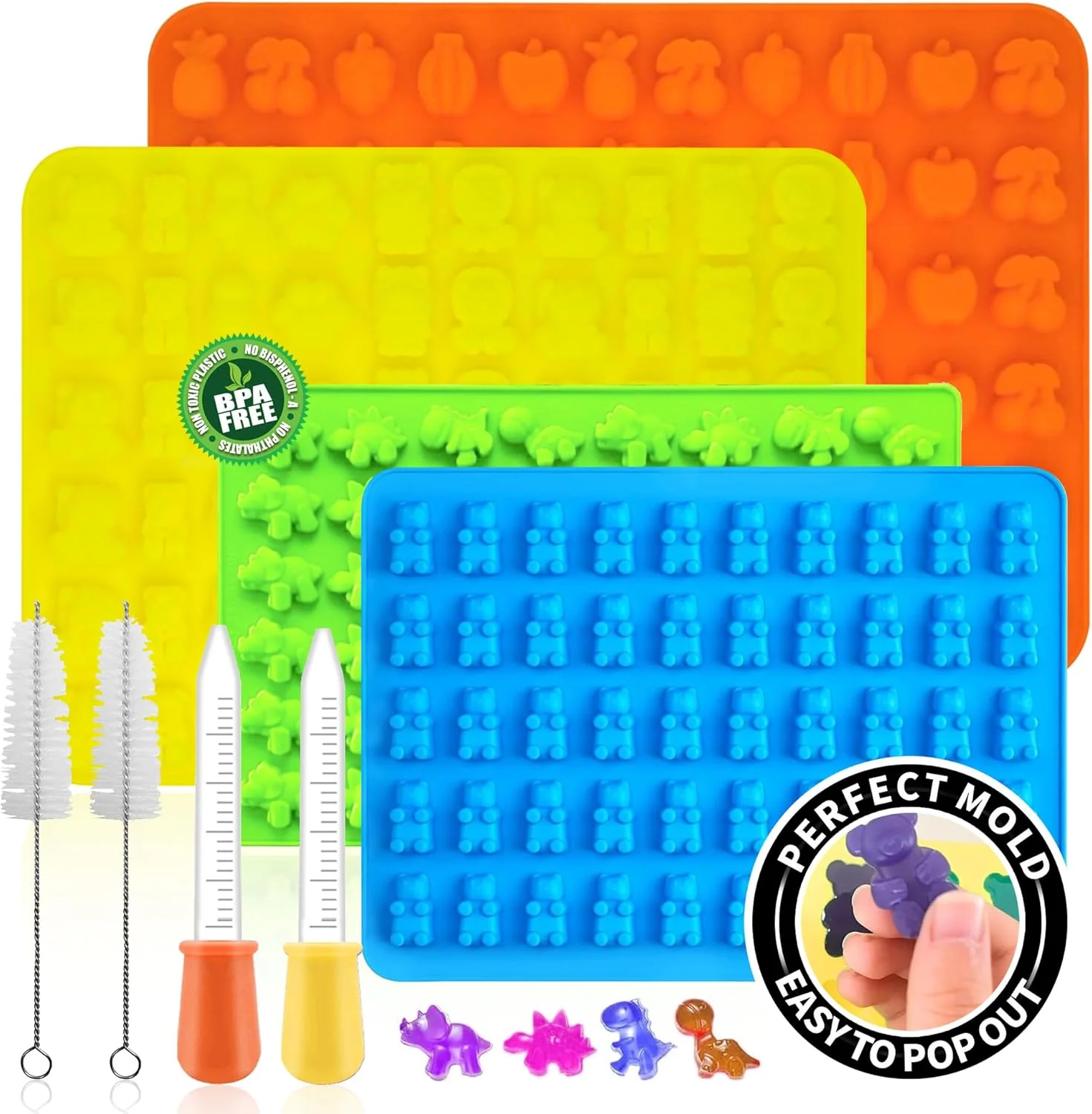 Silicone Gummy Molds Set of 4 Non-stick Candy Chocolate Molds with 2 Droppers 2 Clean Brush Includes Dinosaur Bear Fruit Animal Shape Prestigious