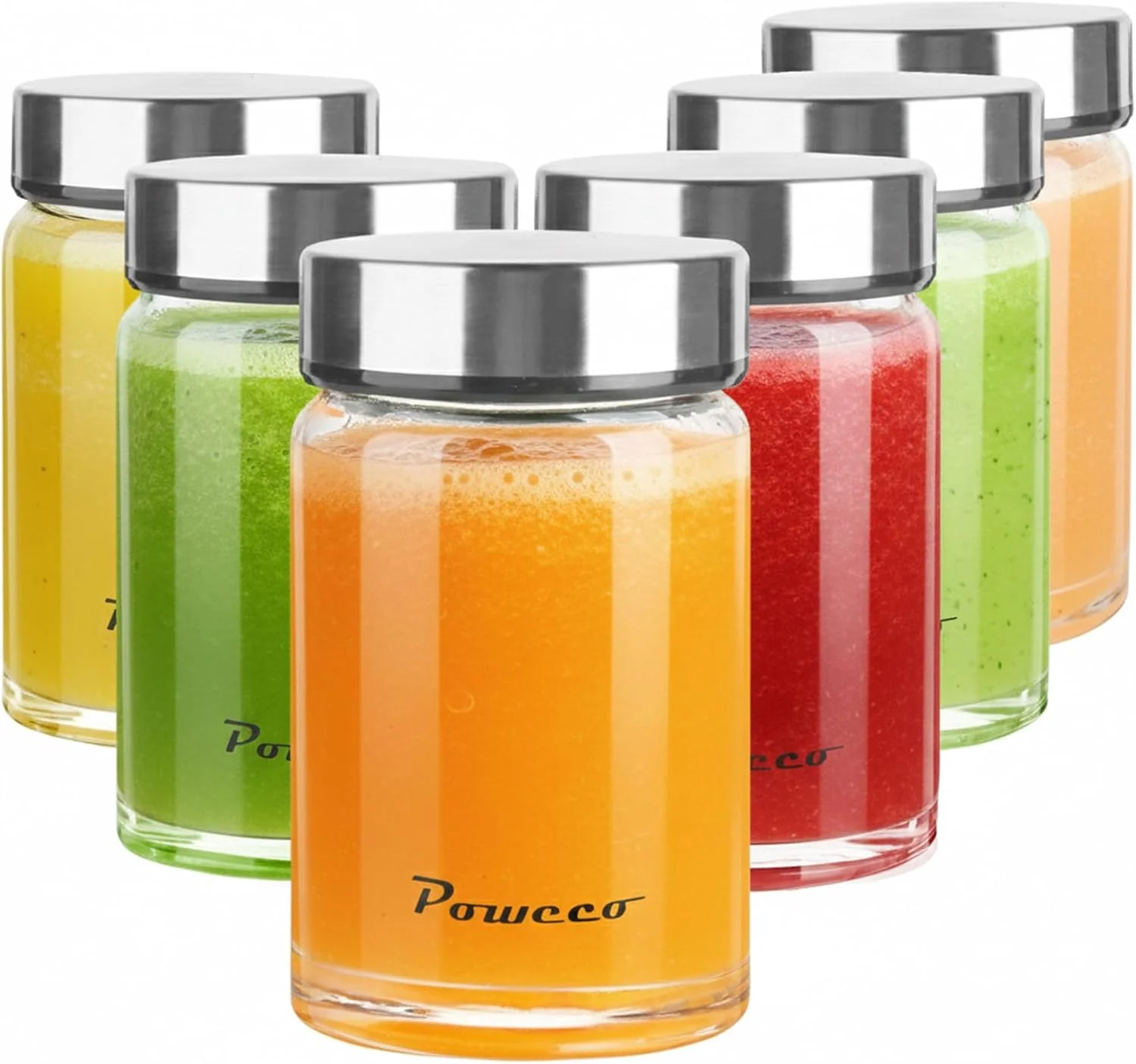 Solid Glass Juice Bottles 6 Pack 10 oz - Wide Mouth Glass Water Bottles with Lids - for Juicing Protein Smoothie Milk Reusable BPA Stainless Steel Lids Blender Shaker Bottle 300ml Detailed