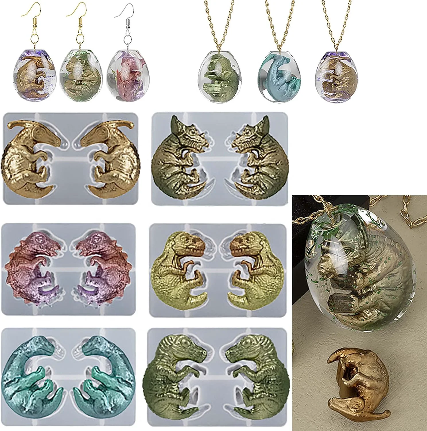 Premium Material Dragon Earring Pendant Mold Set - 7 Piece Dinosaur Egg Designs for Resin Earring Decoration Practical