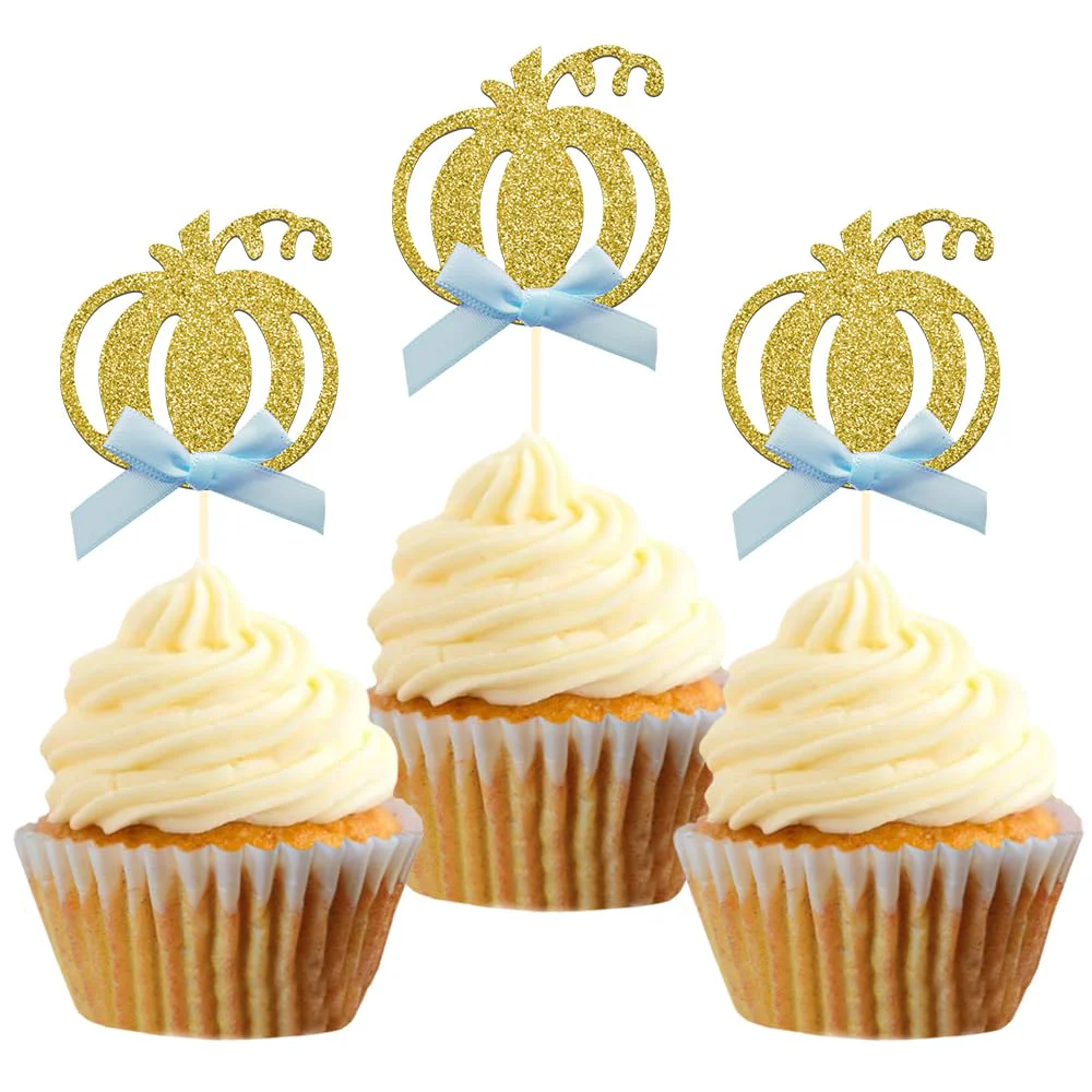 Premium 24pcs Pumpkin Cupcake Toppers Fall Theme Cake Decoration for Baby Shower Party Supplies Blue Bow Fashionable