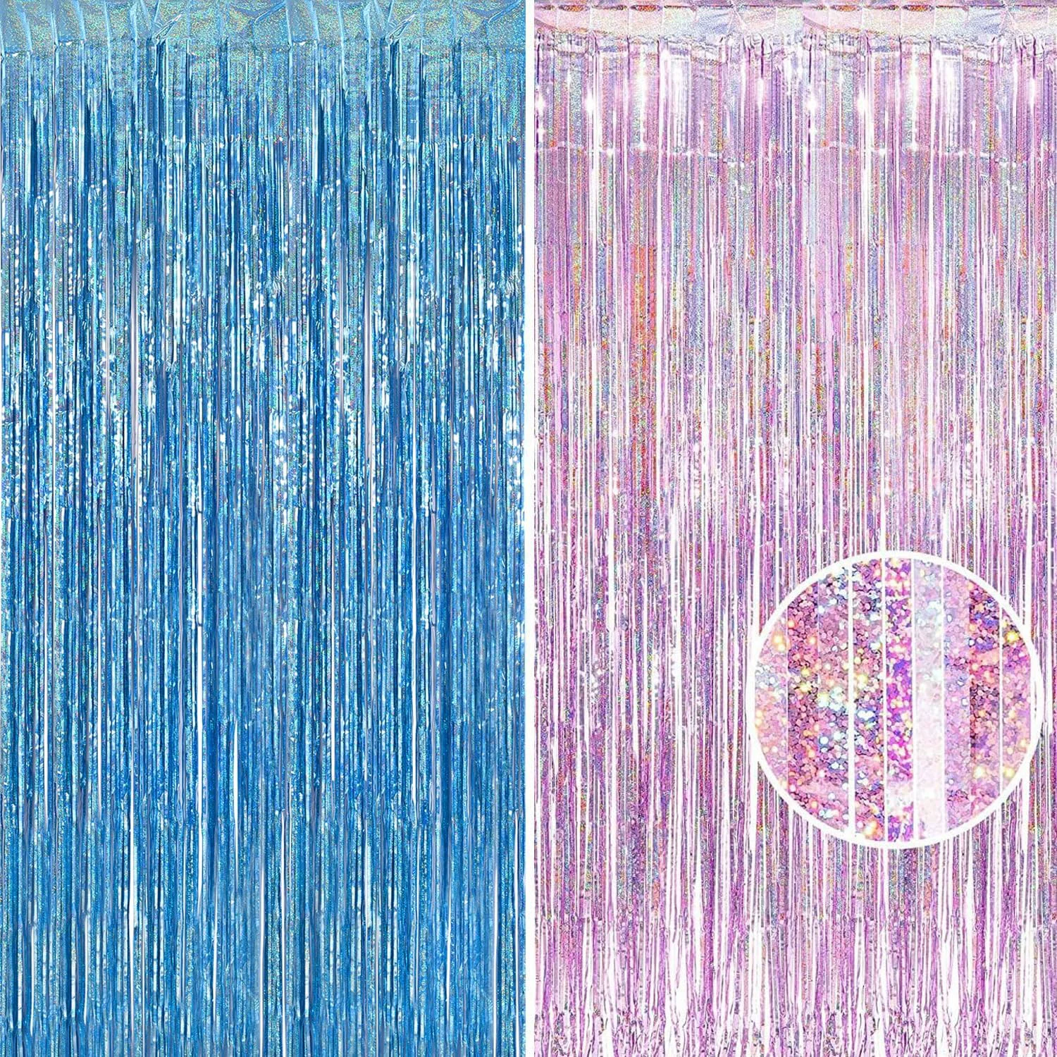 Contemporary Braveshine Pink Blue Tinsel Foil Fringe Curtains - 2Pcs 3.2x8.2ft Holidays Photo Streamers Backdrop for Easter Girl or Boy Birthdays Bridal Shower Artisan