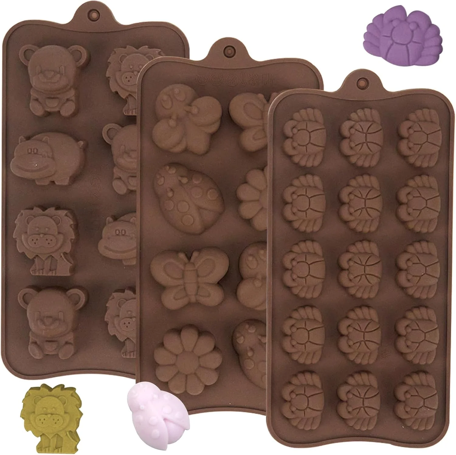 Natural 3 Pcs Non-Stick Brown Animal Themed Chocolate and Fondant Silicone Baking Molds with Wax Melt Function Certified