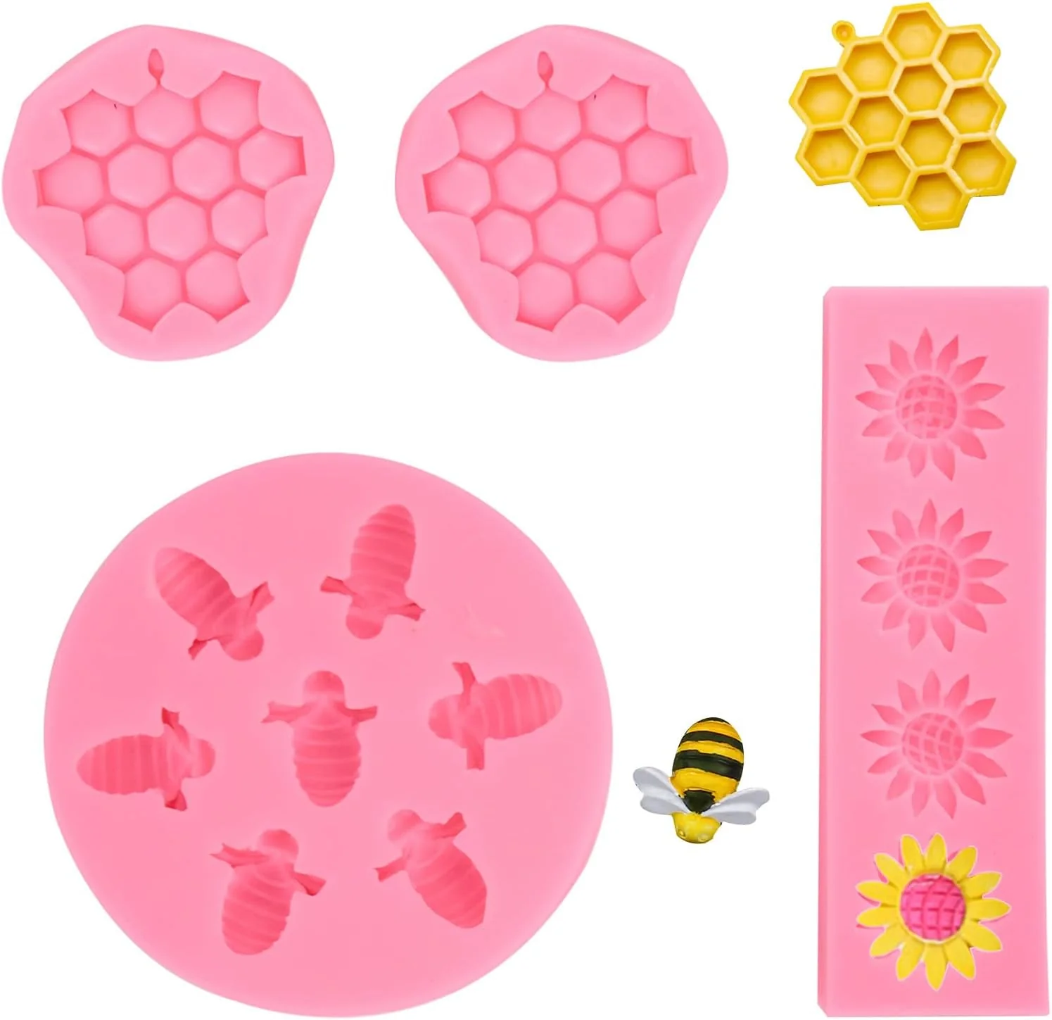 Effective 4 Pcs Bumble Bee Silicone Molds Kit with Honeycomb Bee and Sunflower Fondant Chocolate Cupcake Cake Decorating Candy Molds Pink Fashionable