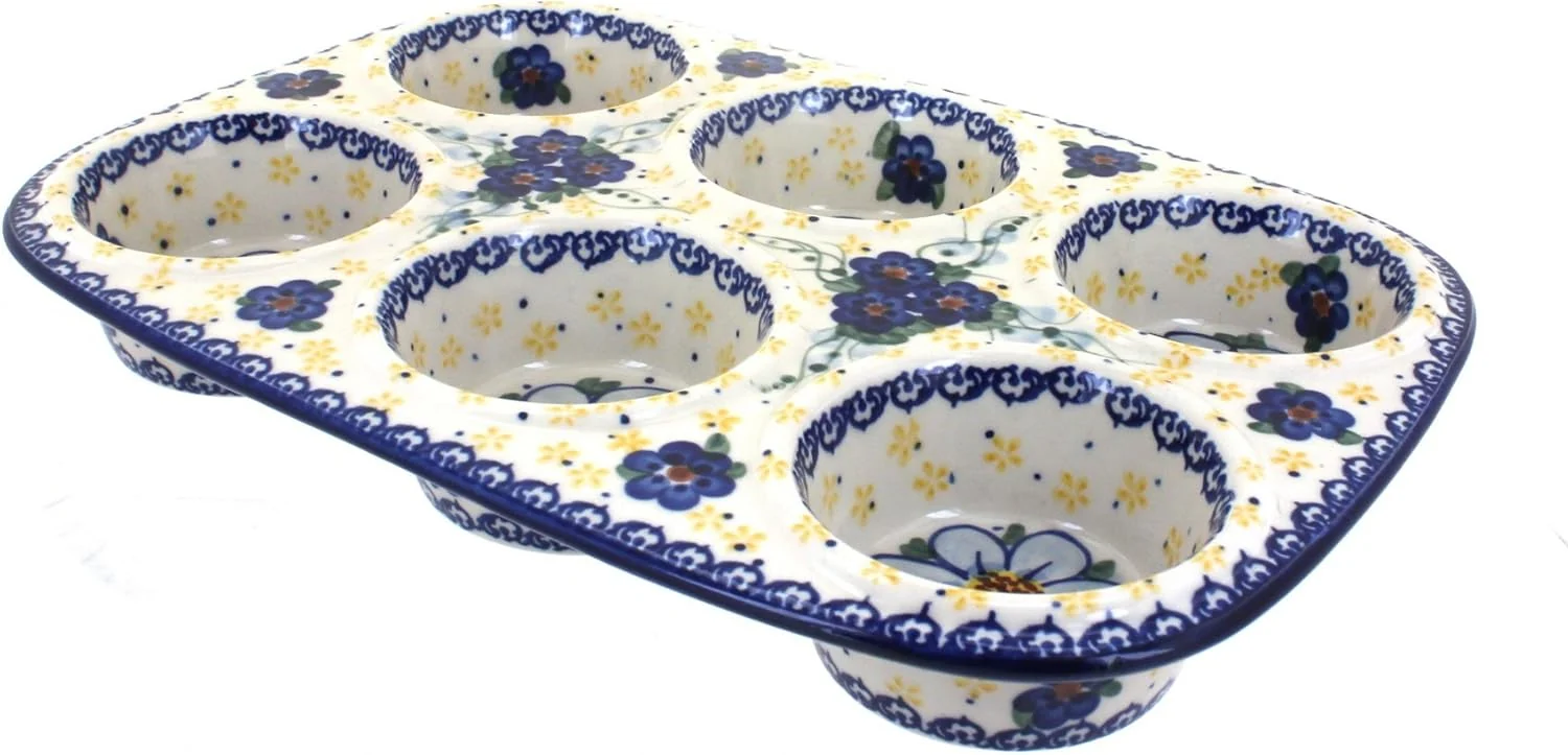 Comfortable Blue Rose Polish Pottery - Blue Daisy Surprise Muffin Pan - 12 x 8 - Ceramic Baking Dish 6-Cup Muffin Cupcake Pan Authentic