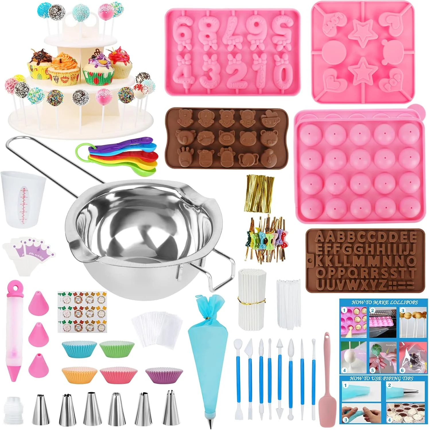 Secure Cake Pop Maker Kit 618Pcs with 5 Silicone Mold Sets - 3 Tier Display Stand Chocolate Candy Melting Pot Piping Tips and Coupler Measuring Cup Clean